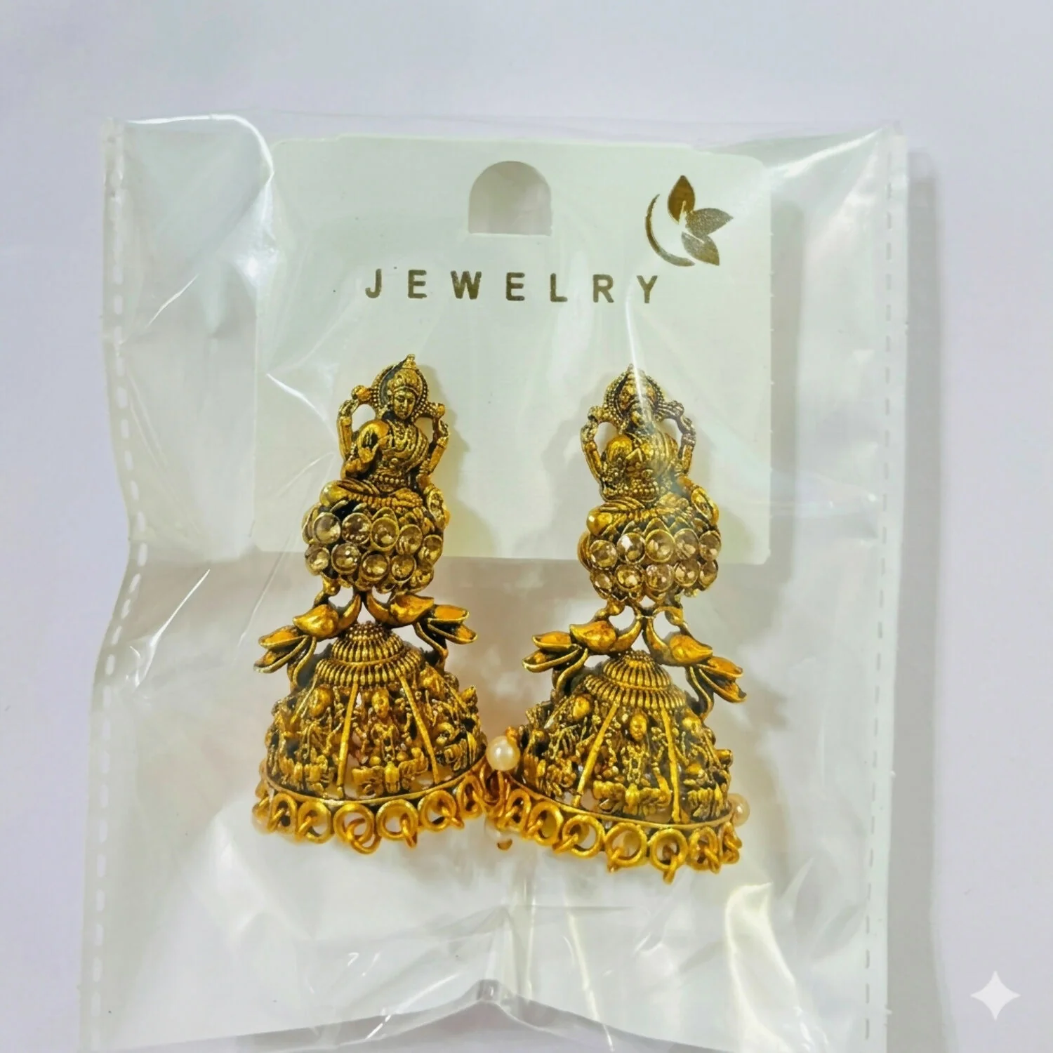 Antique Gold Plated Goddess Lakshmi Temple Jhumkas with Peacock Det... - Image 4