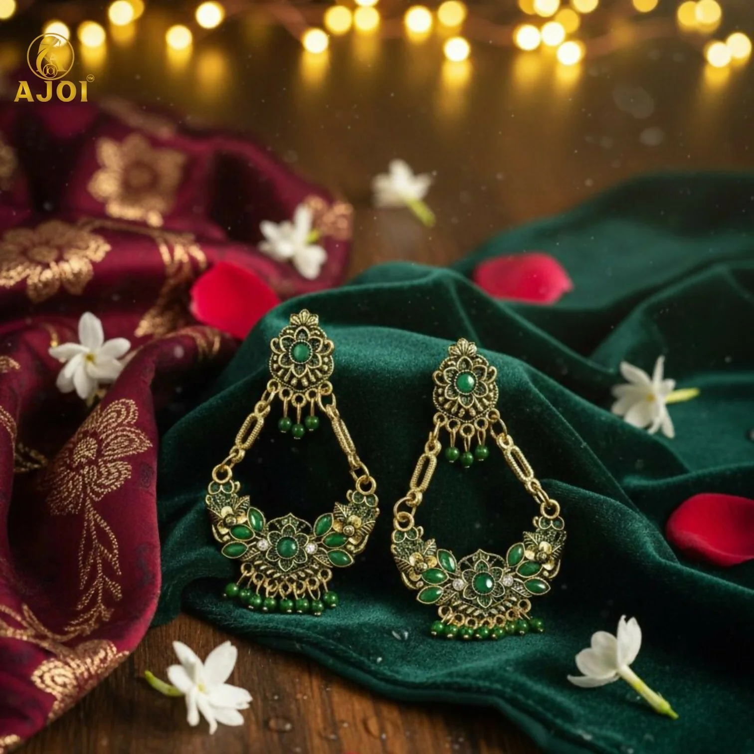 Chandbali Earrings – Antique Gold-Plated with Green Stones