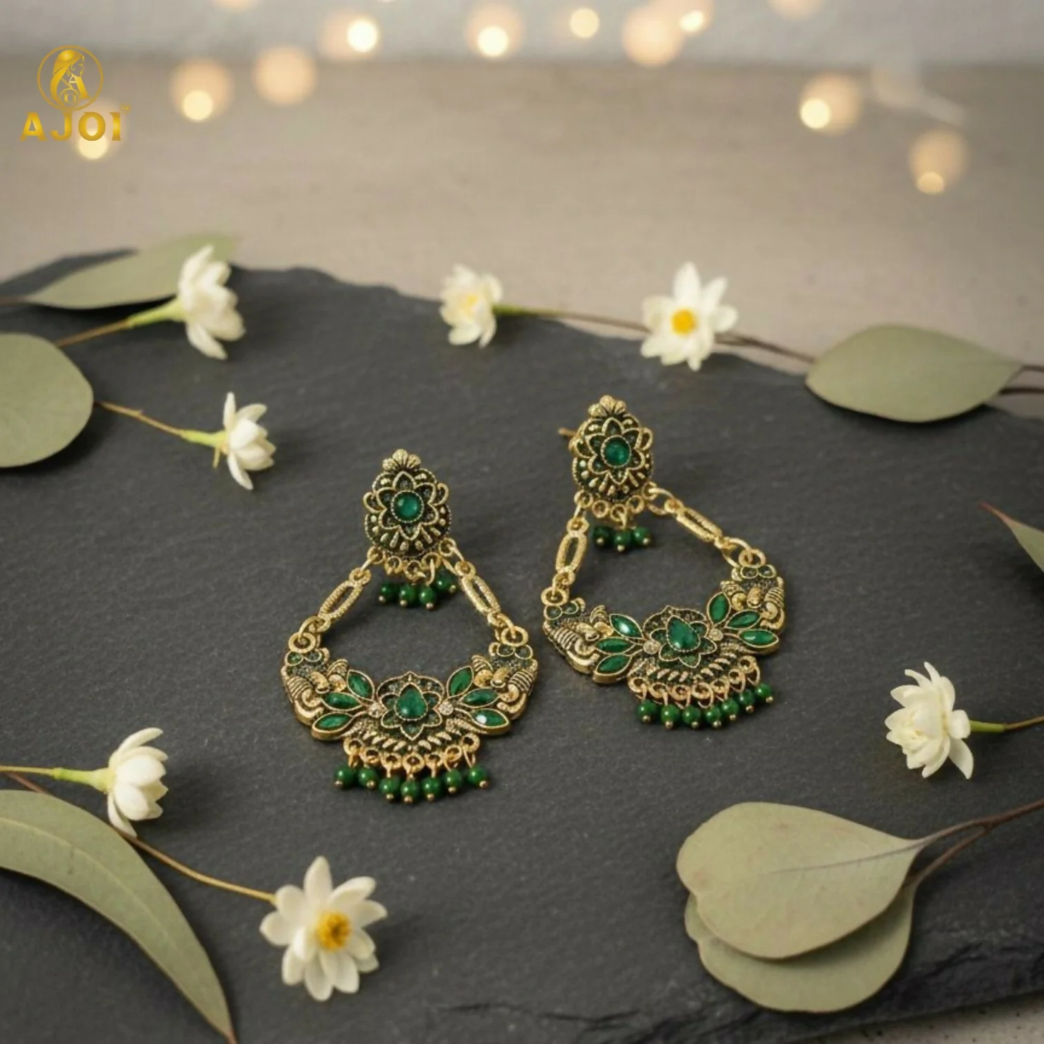 Chandbali Earrings – Antique Gold-Plated with Green Stones - Image 3