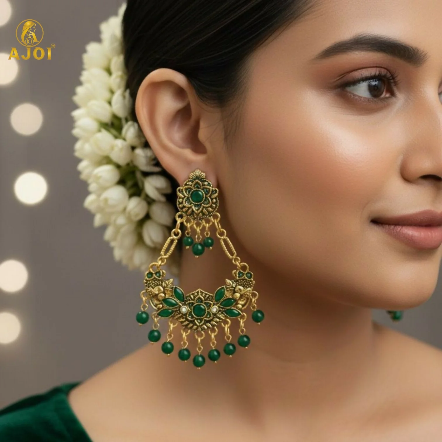 Chandbali Earrings – Antique Gold-Plated with Green Stones - Image 4