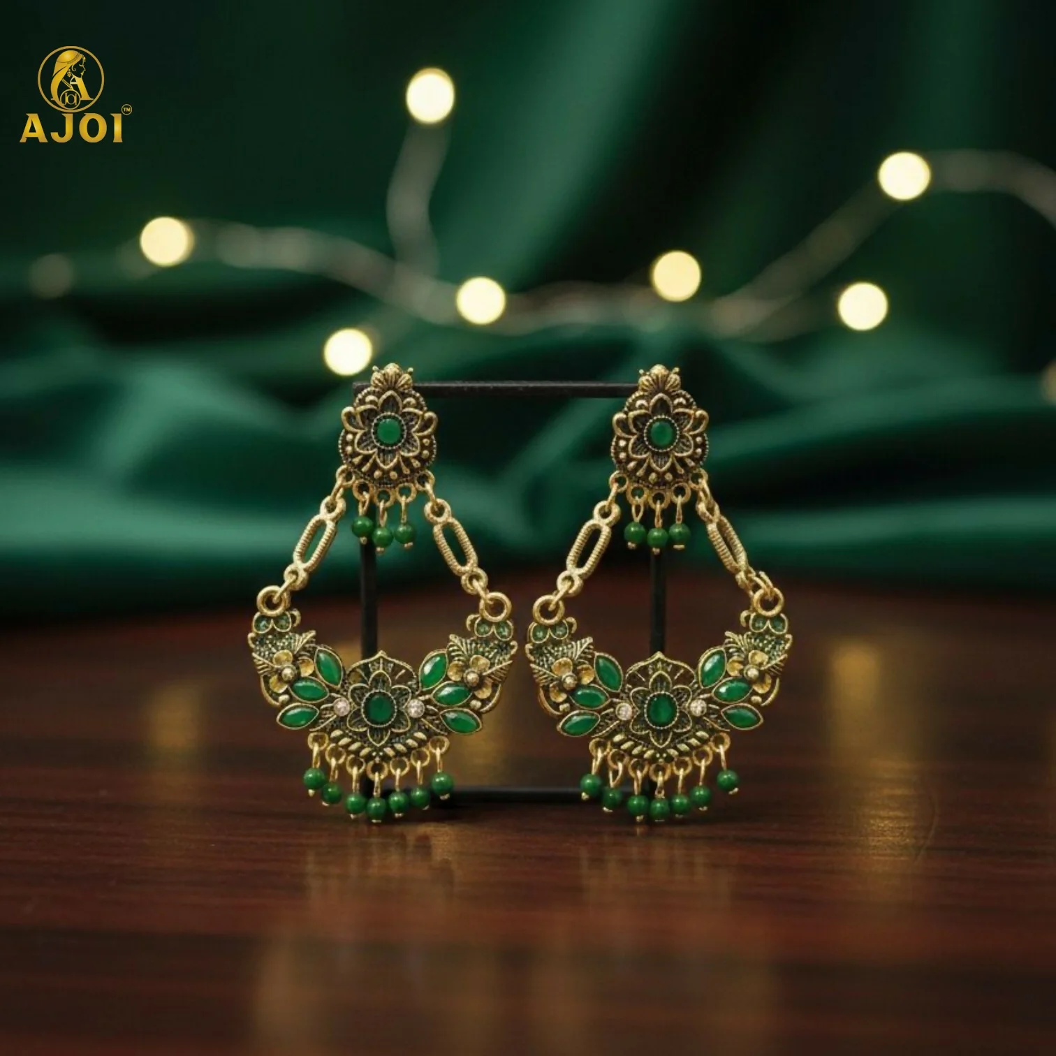 Chandbali Earrings – Antique Gold-Plated with Green Stones - Image 5