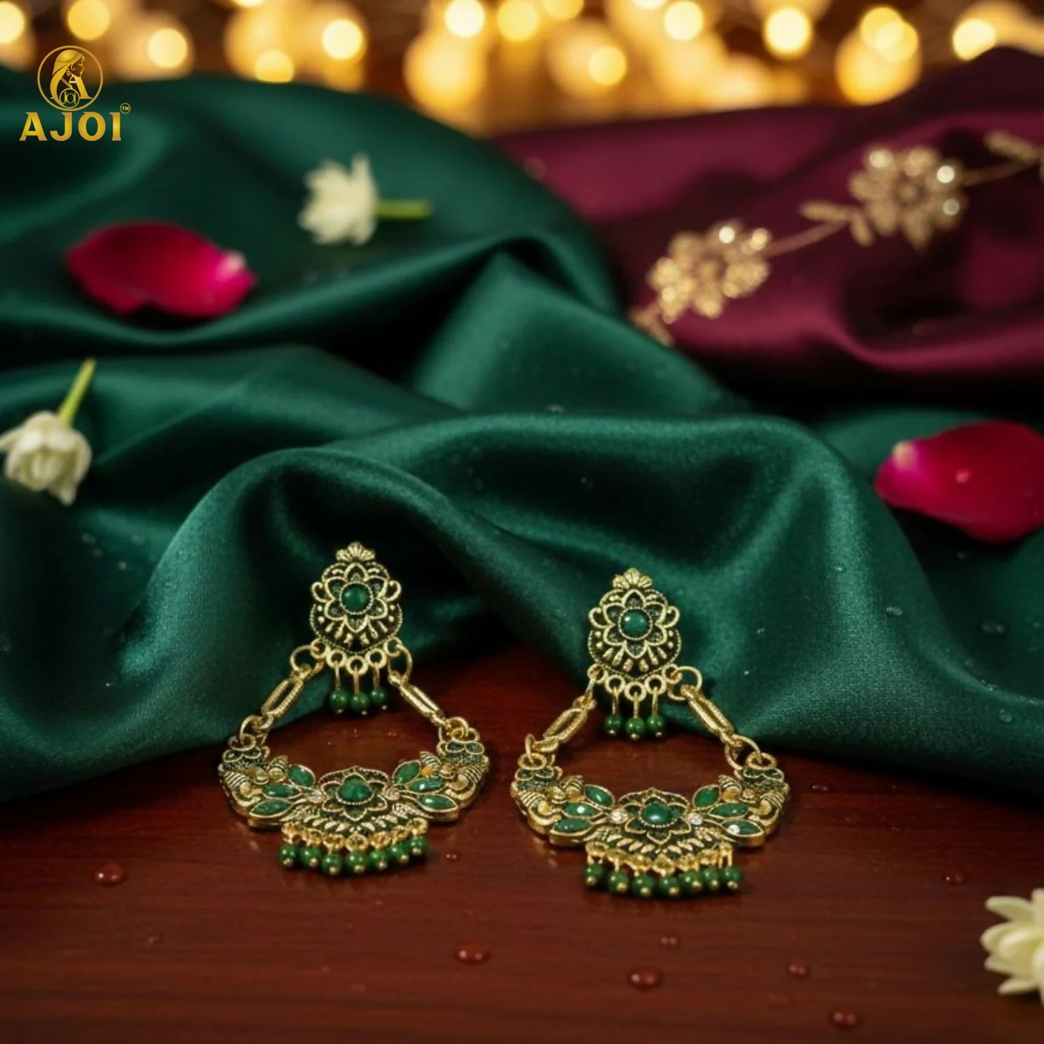 Chandbali Earrings – Antique Gold-Plated with Green Stones - Image 6