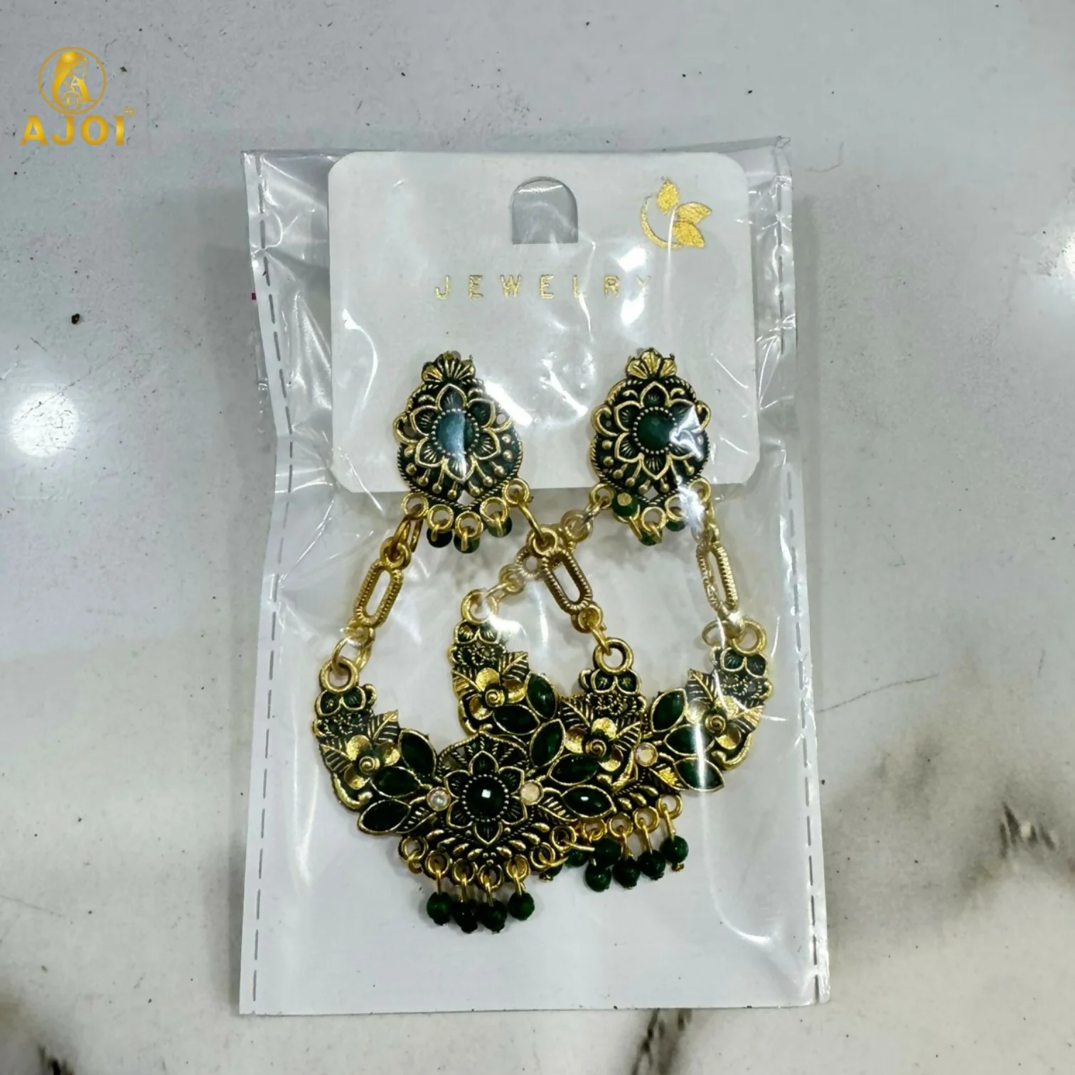 Chandbali Earrings – Antique Gold-Plated with Green Stones - Image 7