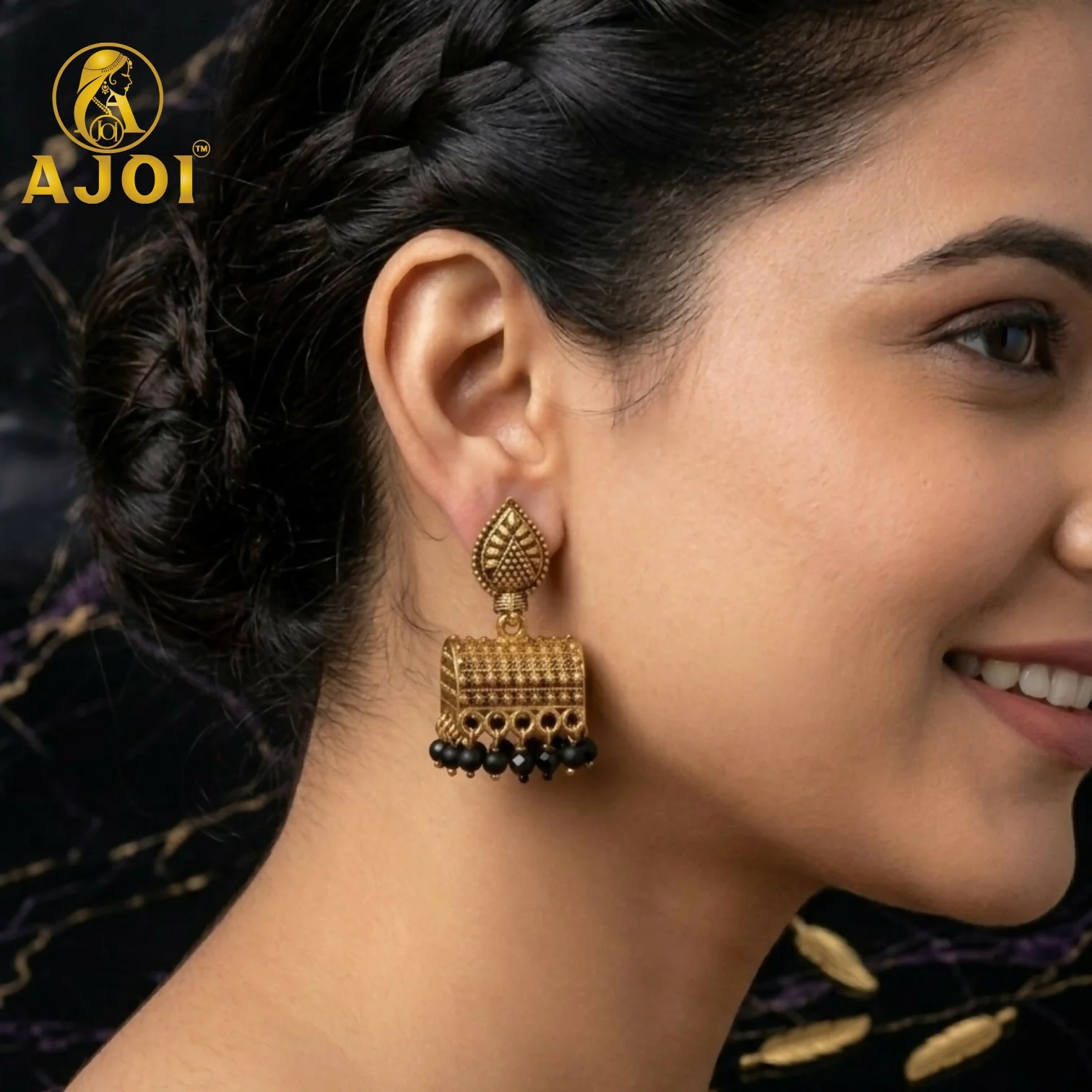 Jhumka Earrings – Elegant Leaf Motif with Black Bead Drops - Image 2