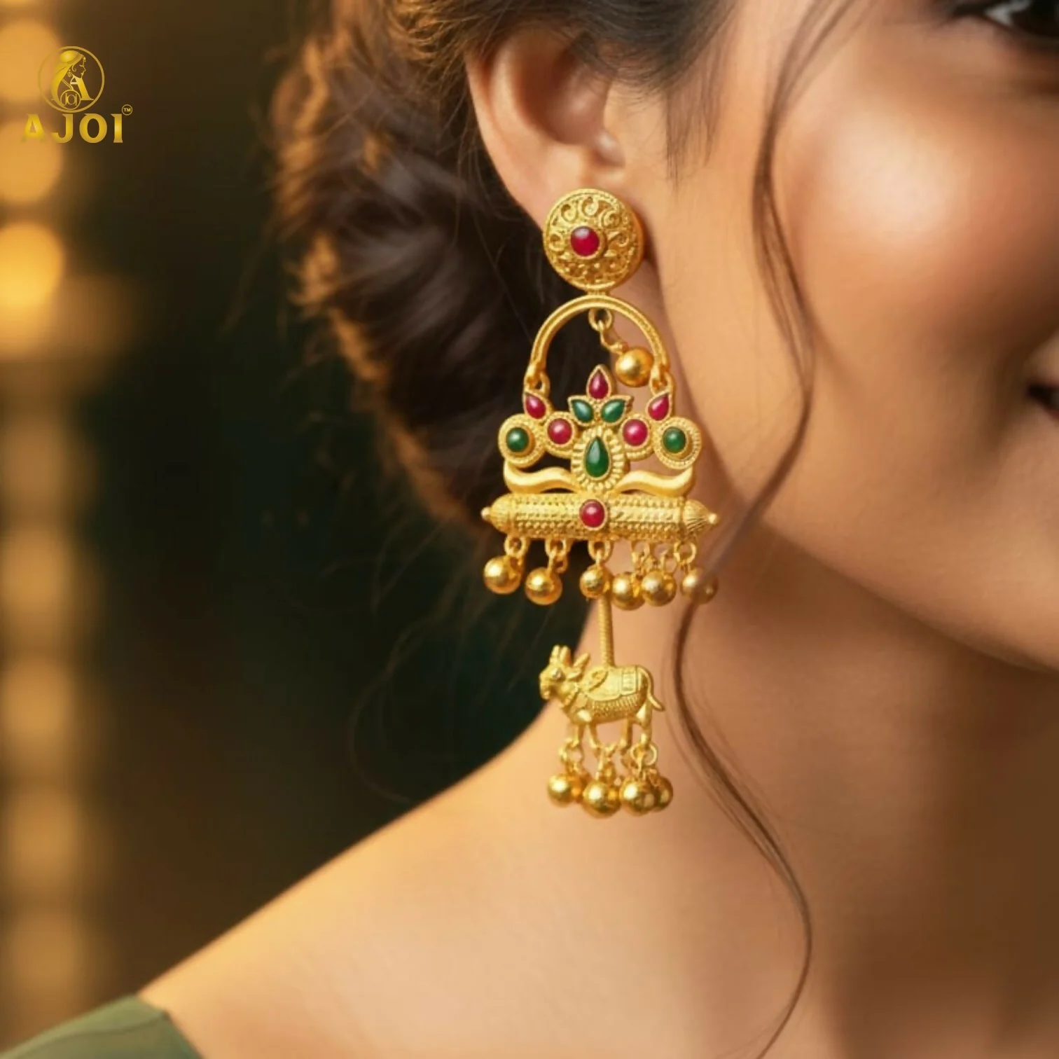 Antique Gold-Plated Tribal Drop Earrings With Red Green Stones - Image 2