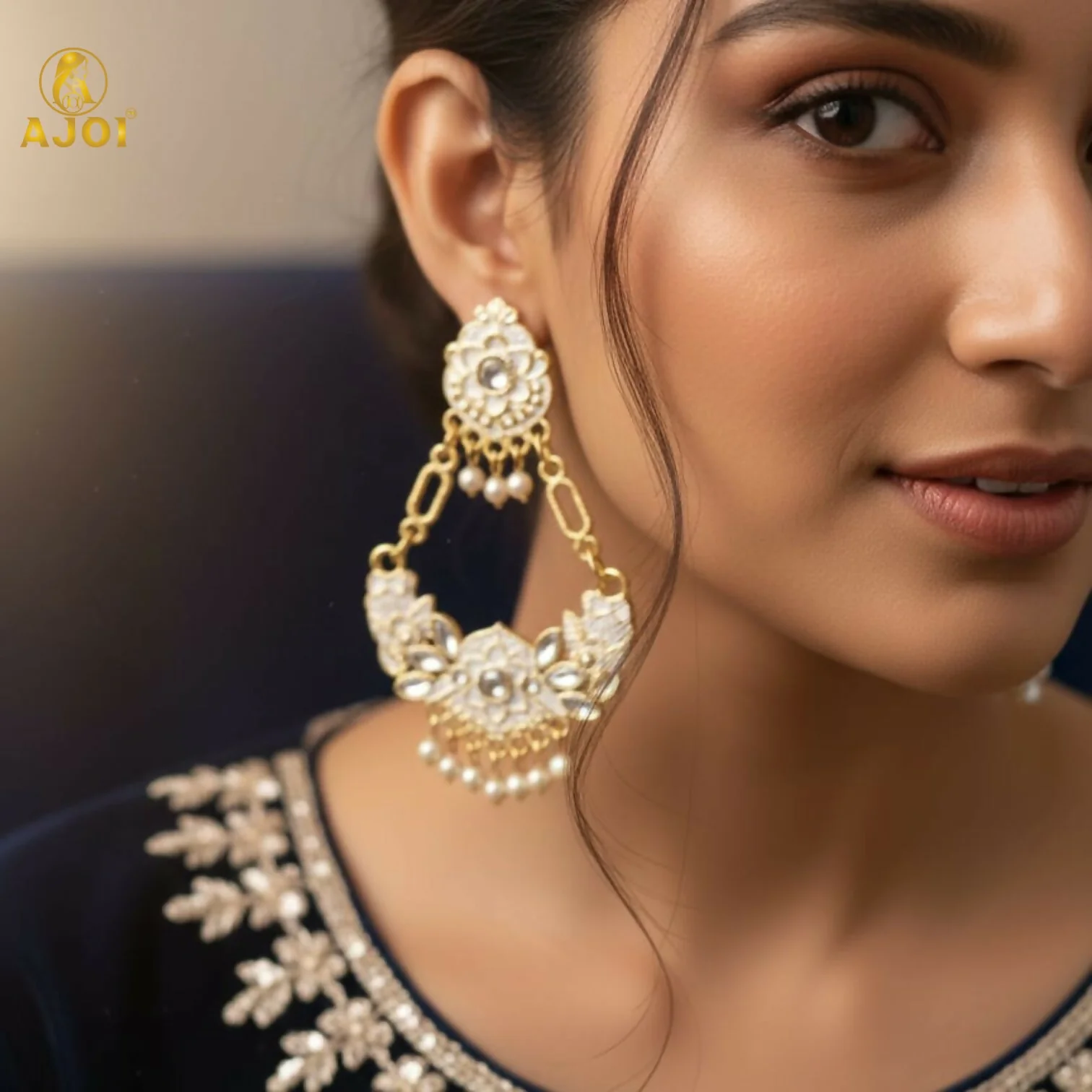Chandbali Earrings – Antique Gold with White Stones & Pearls - Image 2