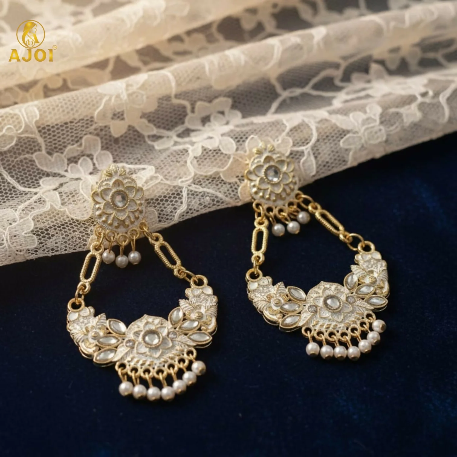 Chandbali Earrings – Antique Gold with White Stones & Pearls - Image 3