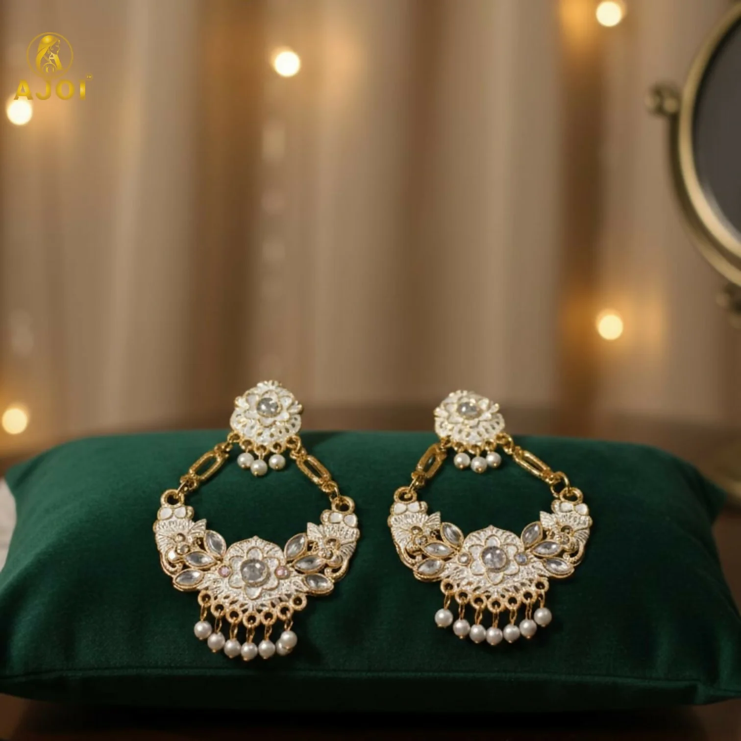 Chandbali Earrings – Antique Gold with White Stones & Pearls - Image 4