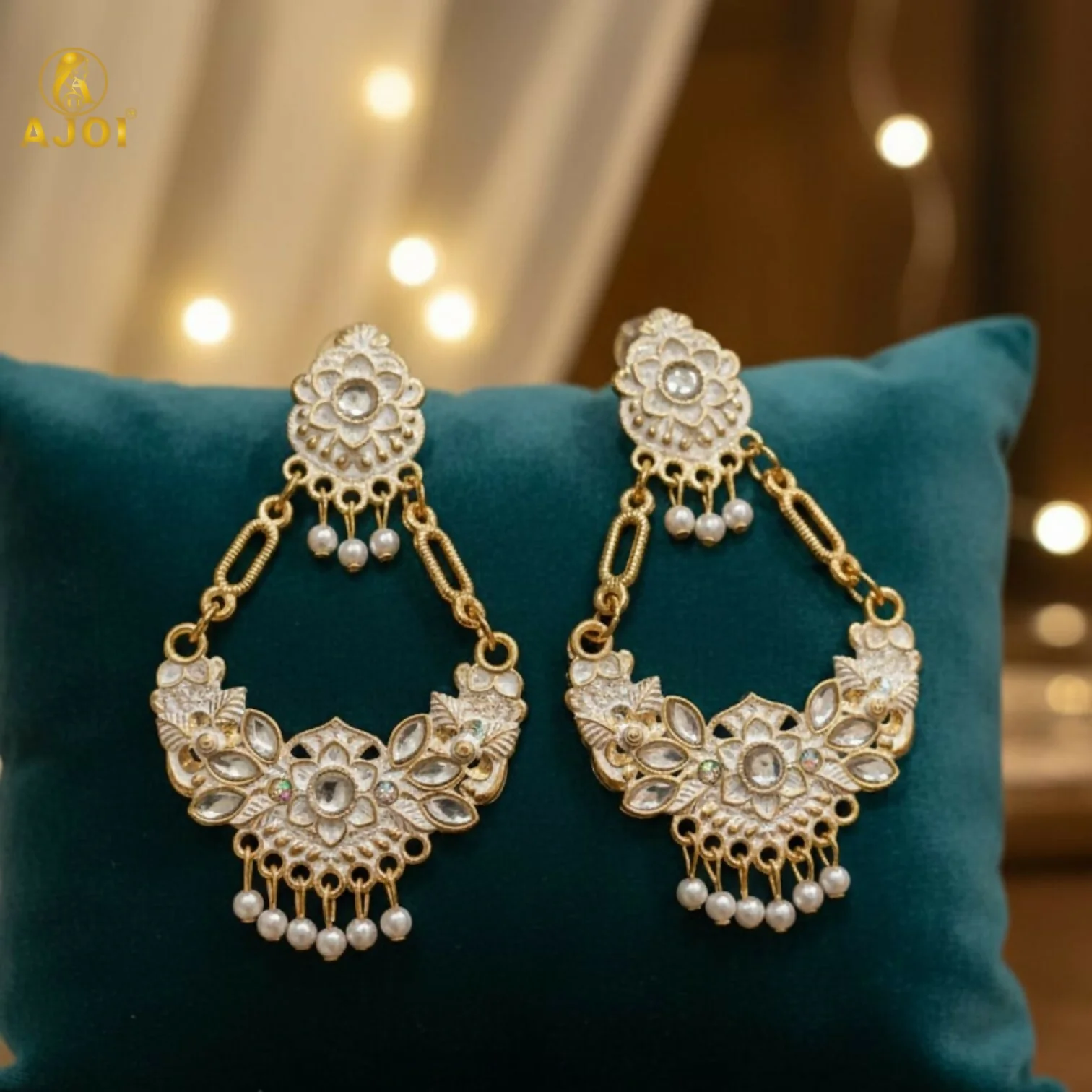 Chandbali Earrings – Antique Gold with White Stones & Pearls - Image 5