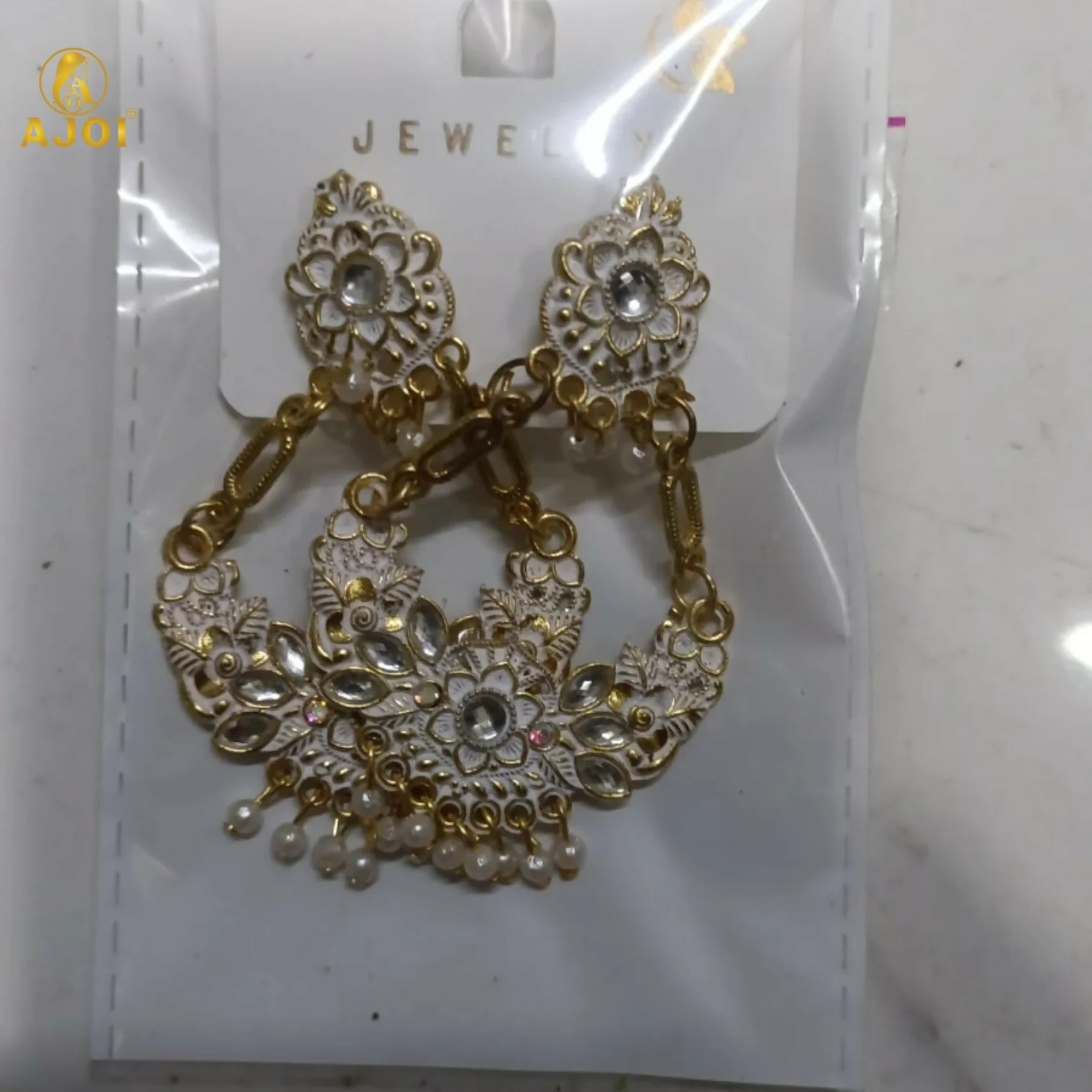 Chandbali Earrings – Antique Gold with White Stones & Pearls - Image 6