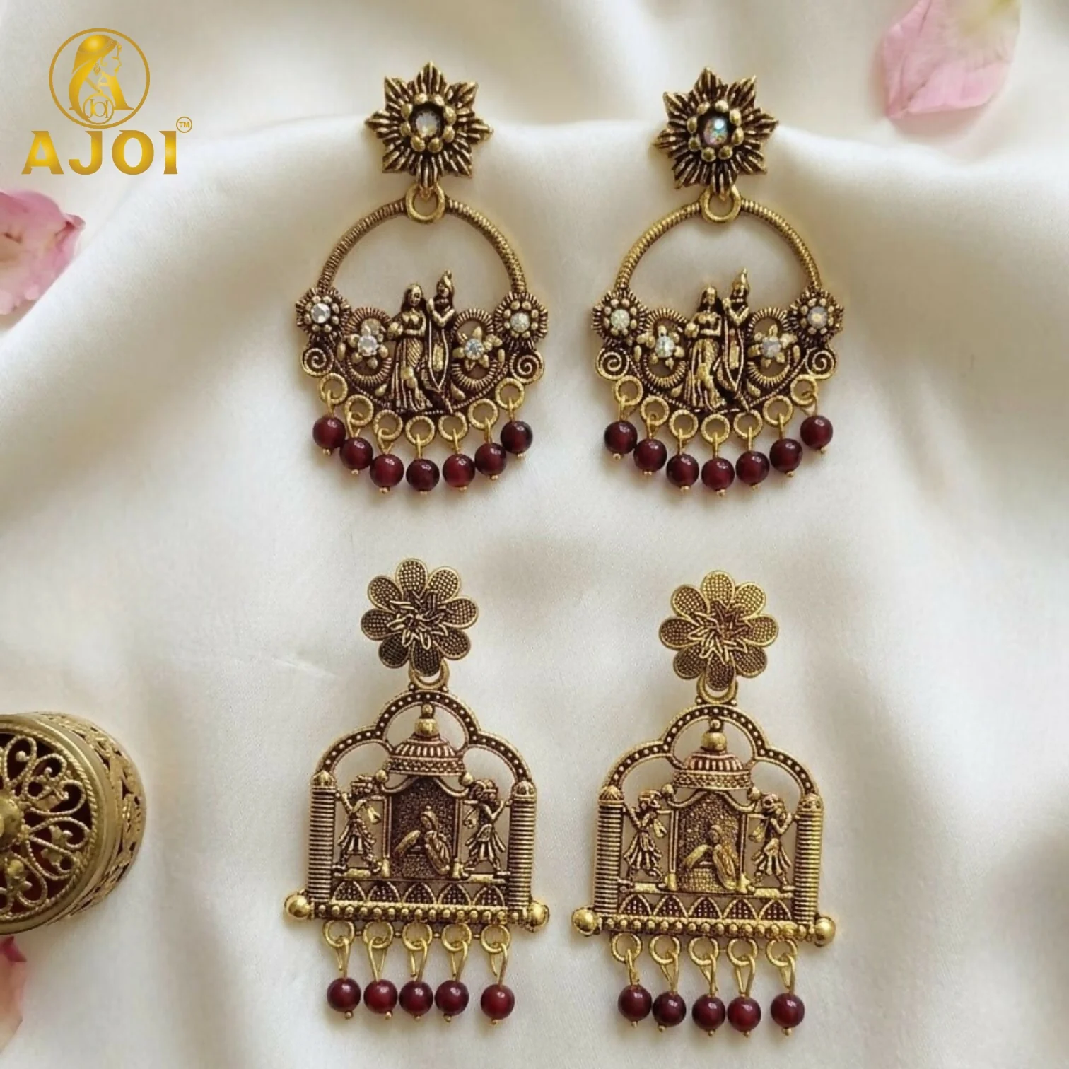Radha Krishna Antique Gold Earrings – Traditional South Indian Design