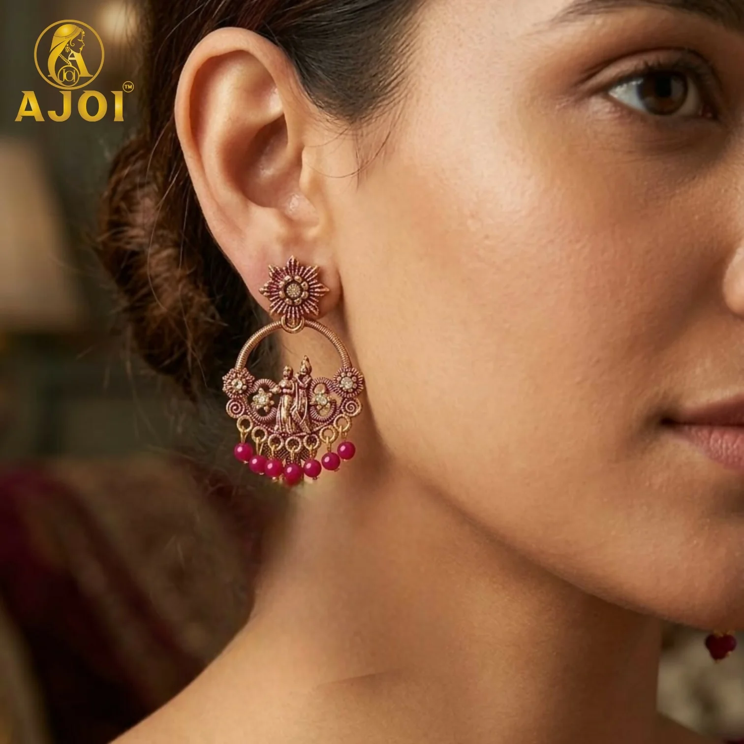 Antique Gold Radha Krishna Earrings – Traditional Festive Jewelry - Image 2