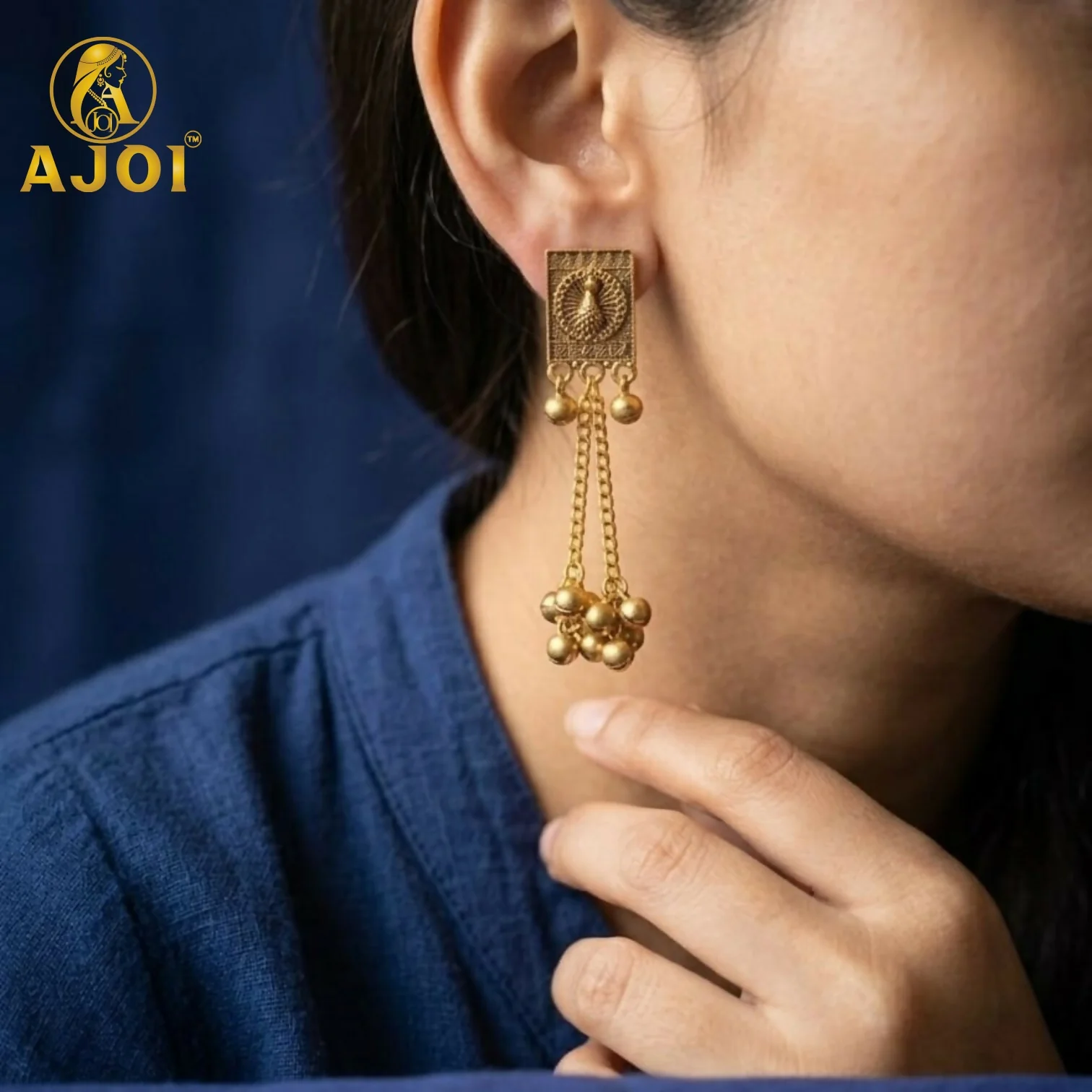 Antique Gold Rectangular Drop Earrings – Ethnic Style with Intricate Detailing - Image 2