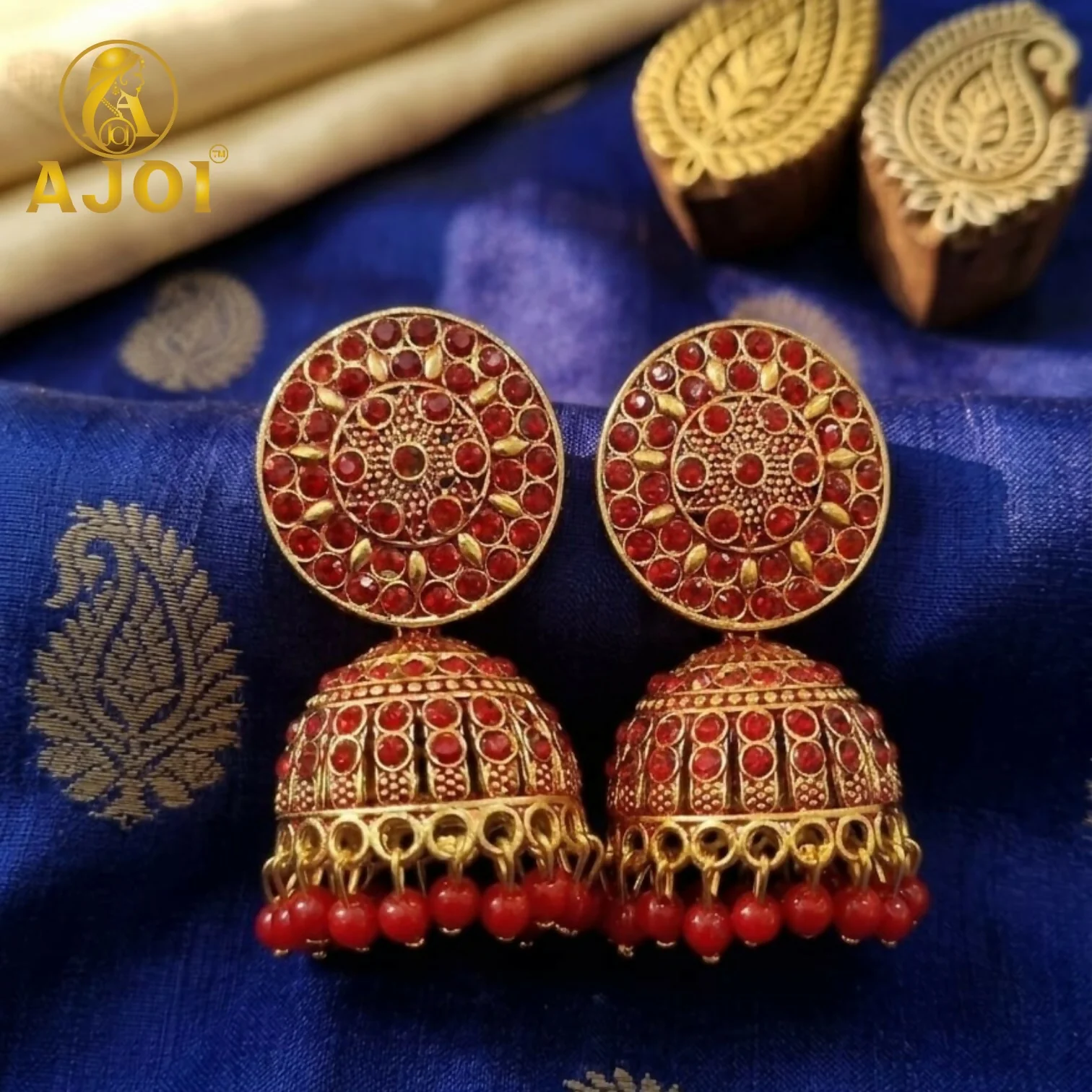 Antique Gold Red Stone Jhumka Earrings – Elegant Traditional Jewelry - Image 3