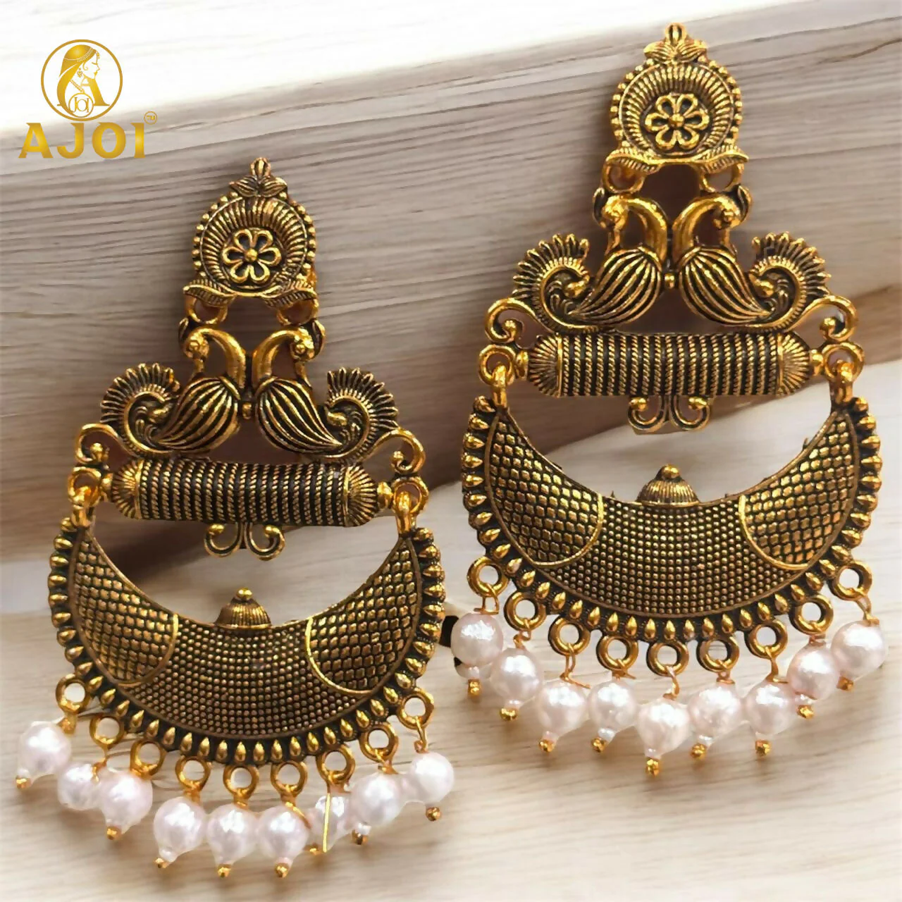 Antique Gold Tribal Chandbali Earrings – Elegant Pearl Drops - Image 3