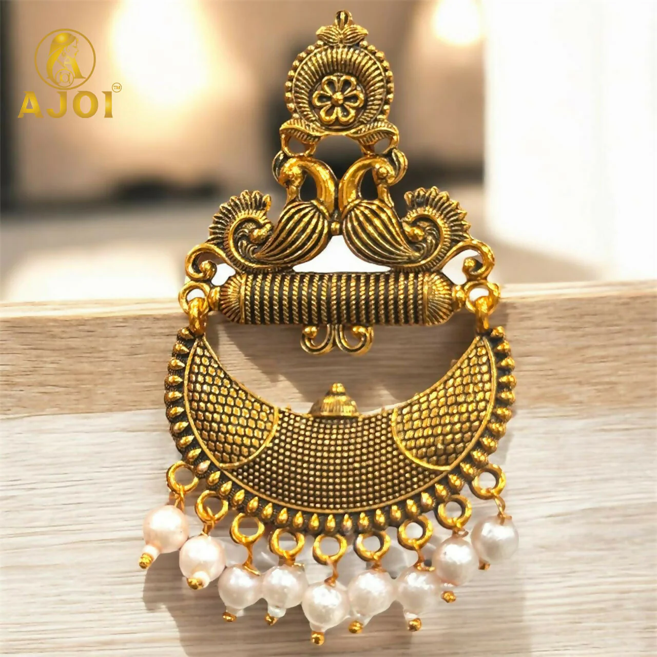 Antique Gold Tribal Chandbali Earrings – Elegant Pearl Drops - Image 4