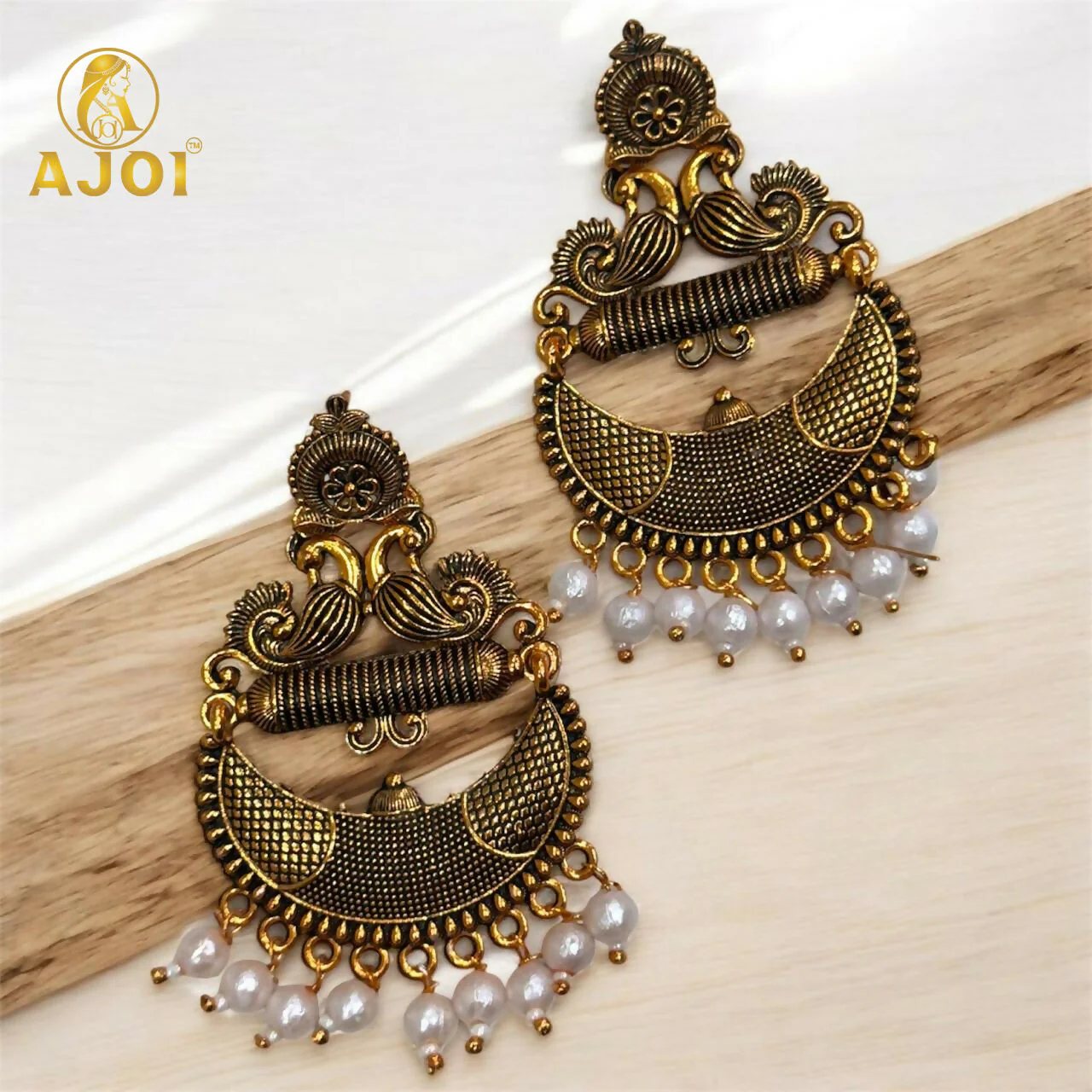 Antique Gold Tribal Chandbali Earrings – Elegant Pearl Drops - Image 5