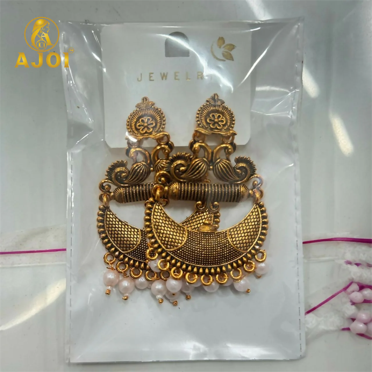 Antique Gold Tribal Chandbali Earrings – Elegant Pearl Drops - Image 7