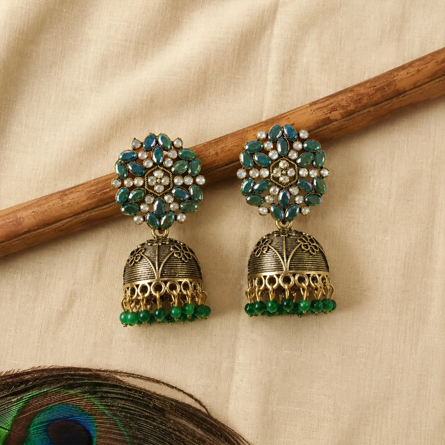 Jhumka Earrings – Elegant Antique Golden Finish with Green Stones - Image 2