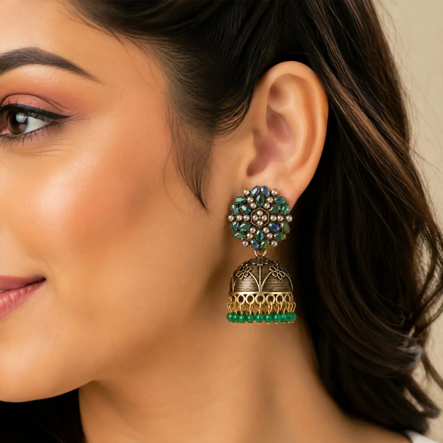 Jhumka Earrings – Elegant Antique Golden Finish with Green Stones - Image 3