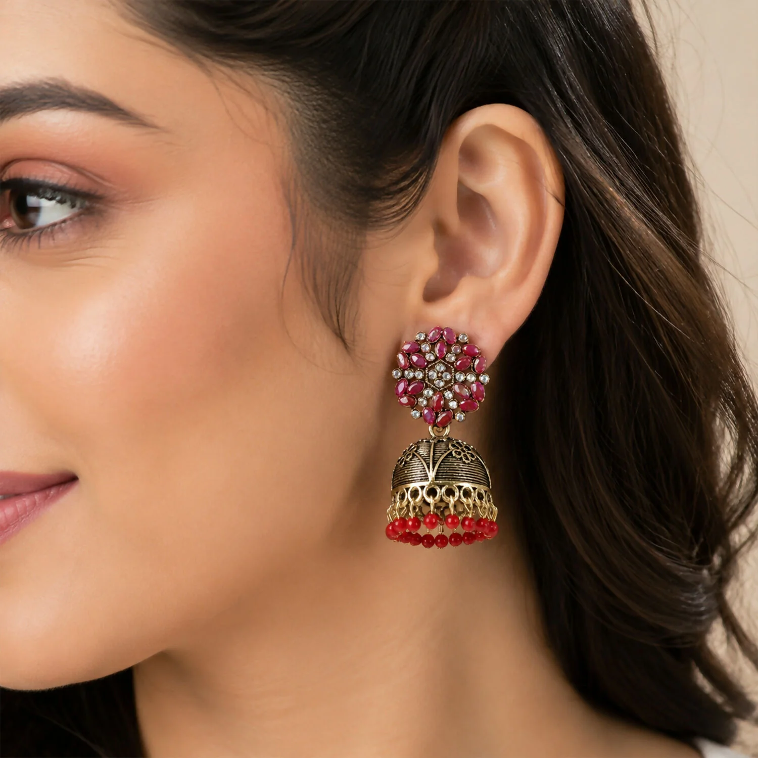 Antique Golden Jhumka Earrings – Elegant Festive Accessory - Image 4
