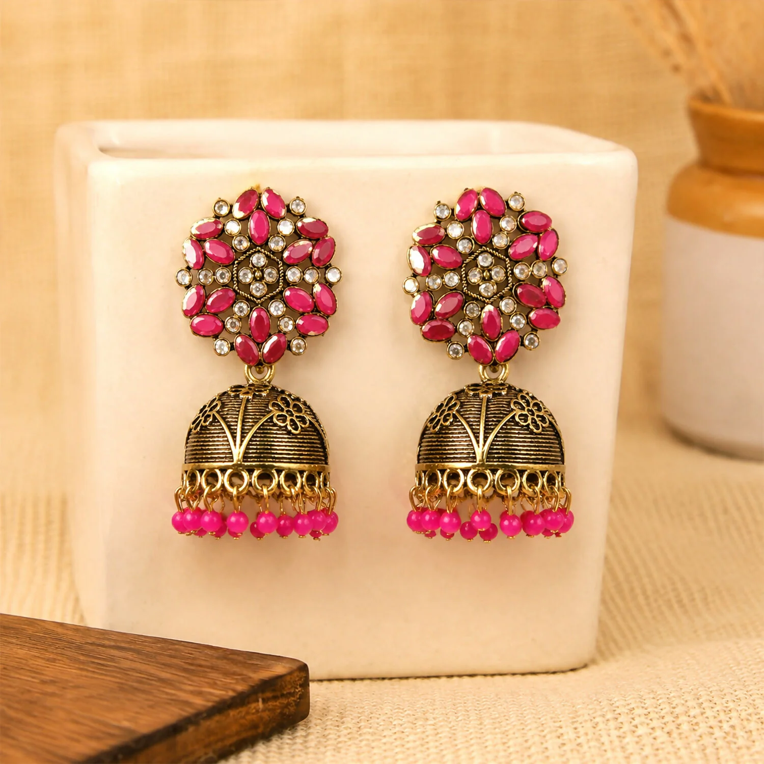 Jhumka Earrings – Traditional Gold Finish with Pink Stones - Image 4