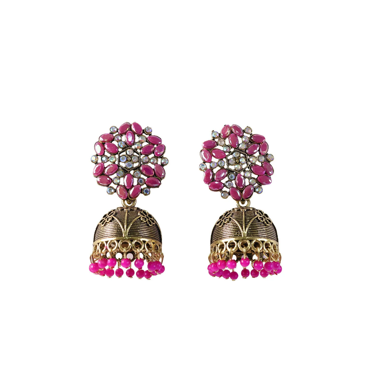 Jhumka Earrings – Traditional Gold Finish with Pink Stones - Image 5