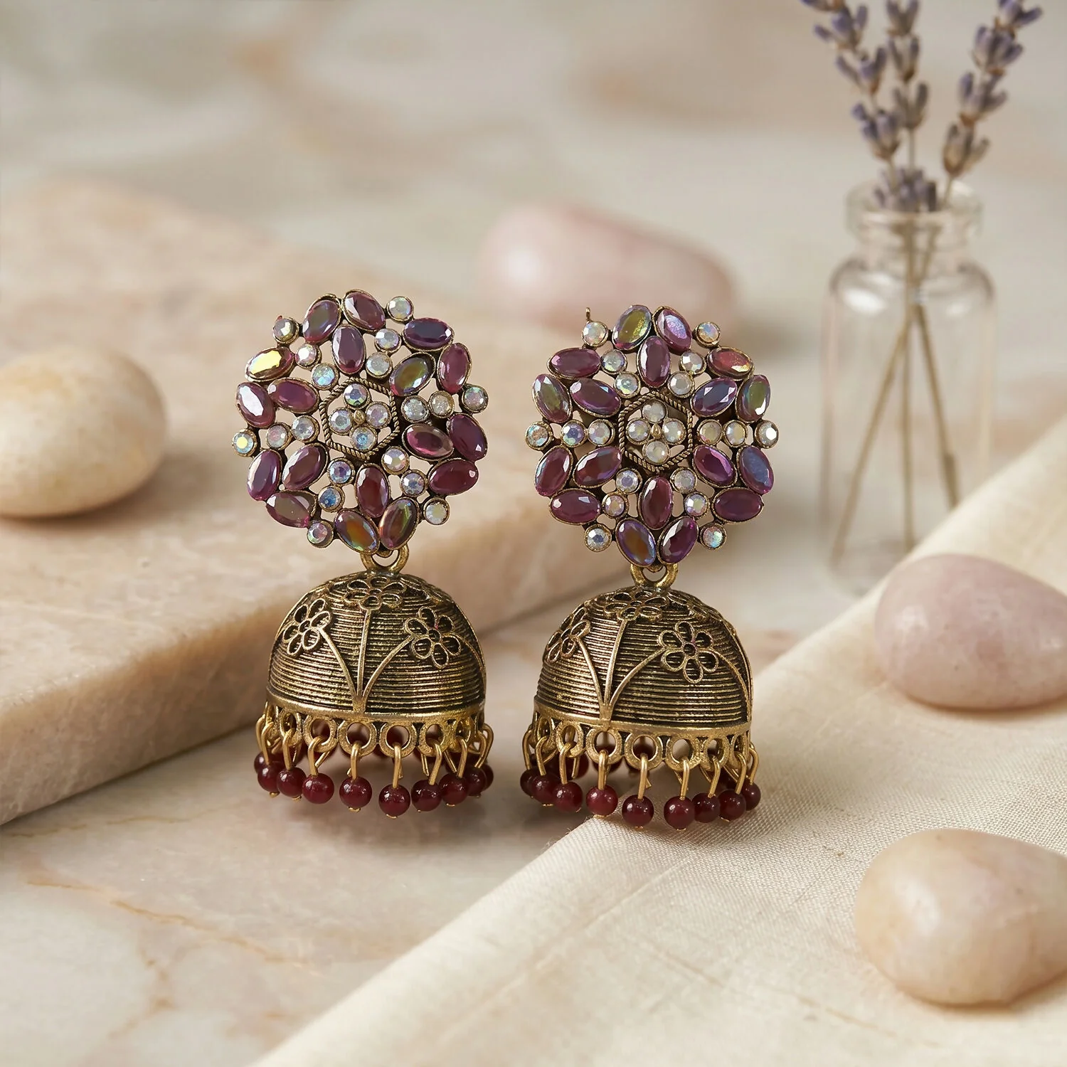 Jhumka Earrings – Traditional Golden Design with Purple Stones - Image 2