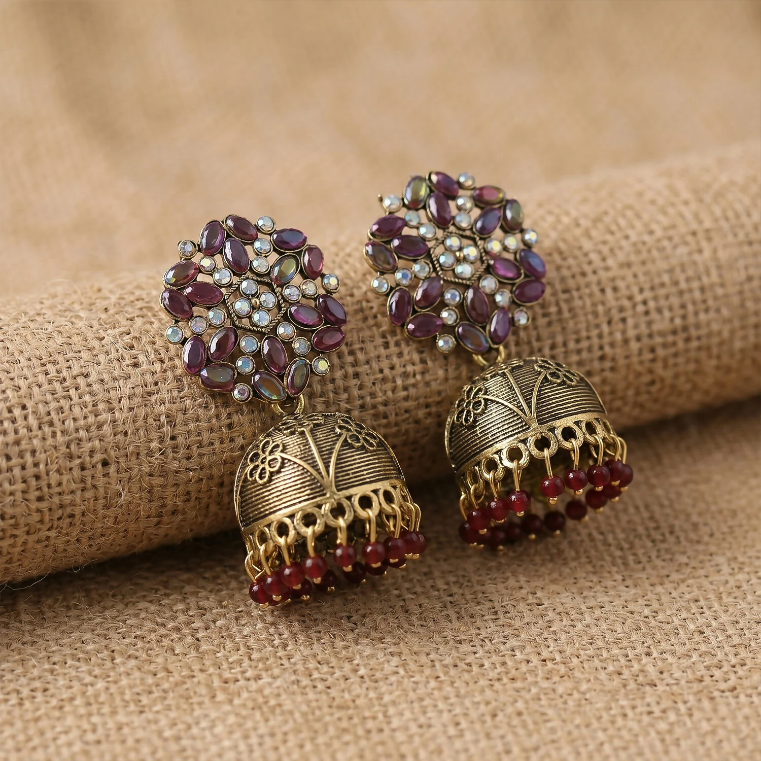 Jhumka Earrings – Traditional Golden Design with Purple Stones - Image 3