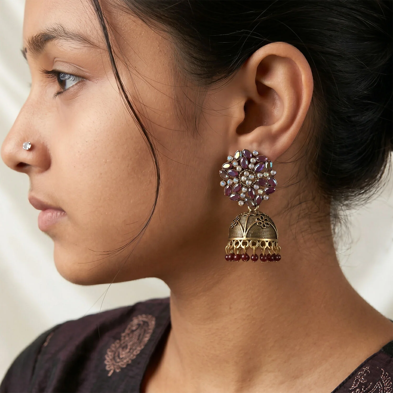 Jhumka Earrings – Traditional Golden Design with Purple Stones - Image 4