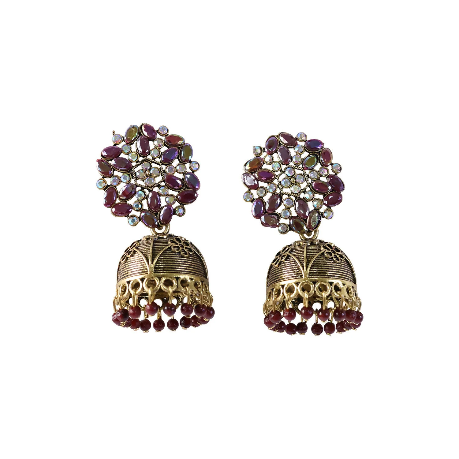 Jhumka Earrings – Traditional Golden Design with Purple Stones - Image 5