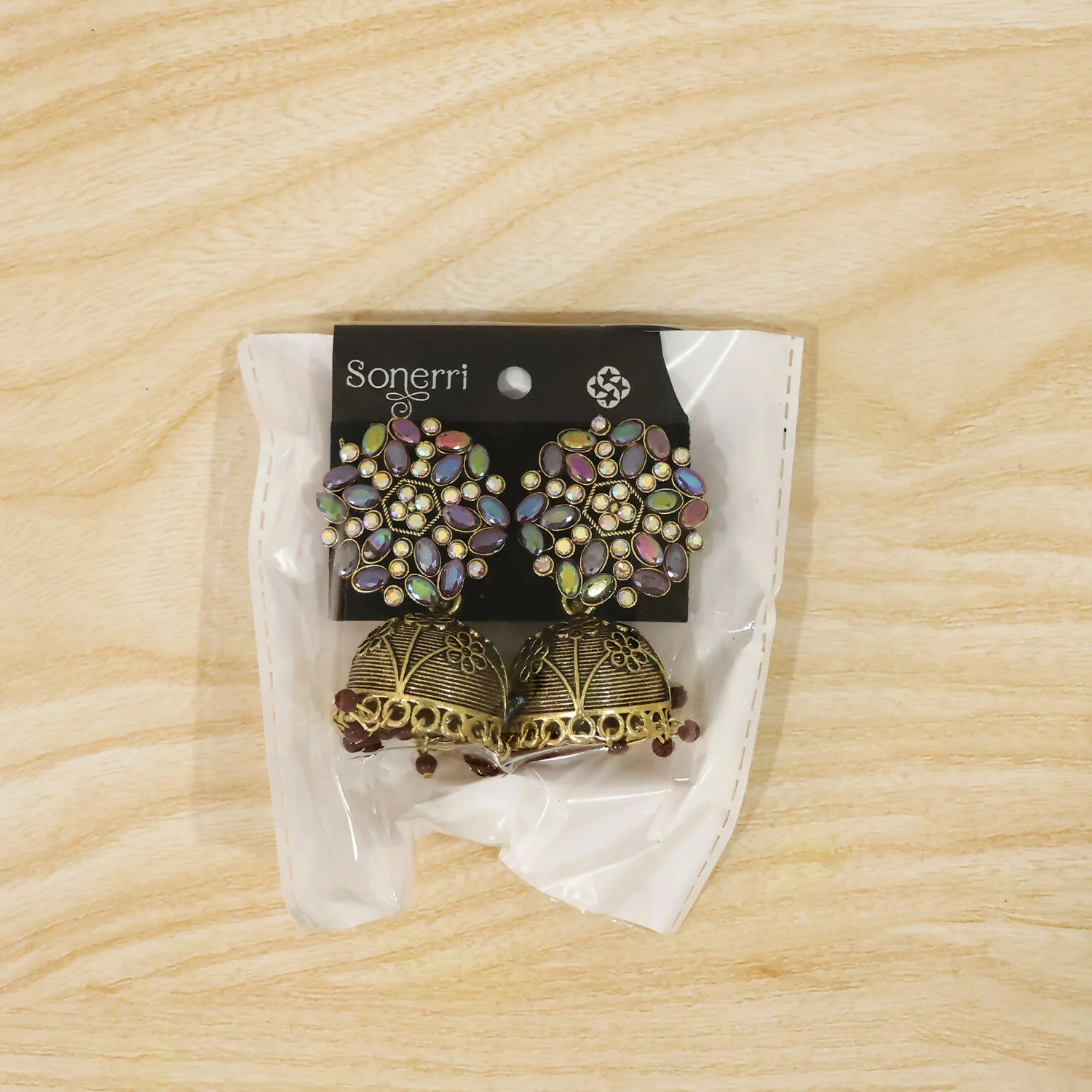 Jhumka Earrings – Traditional Golden Design with Purple Stones - Image 6