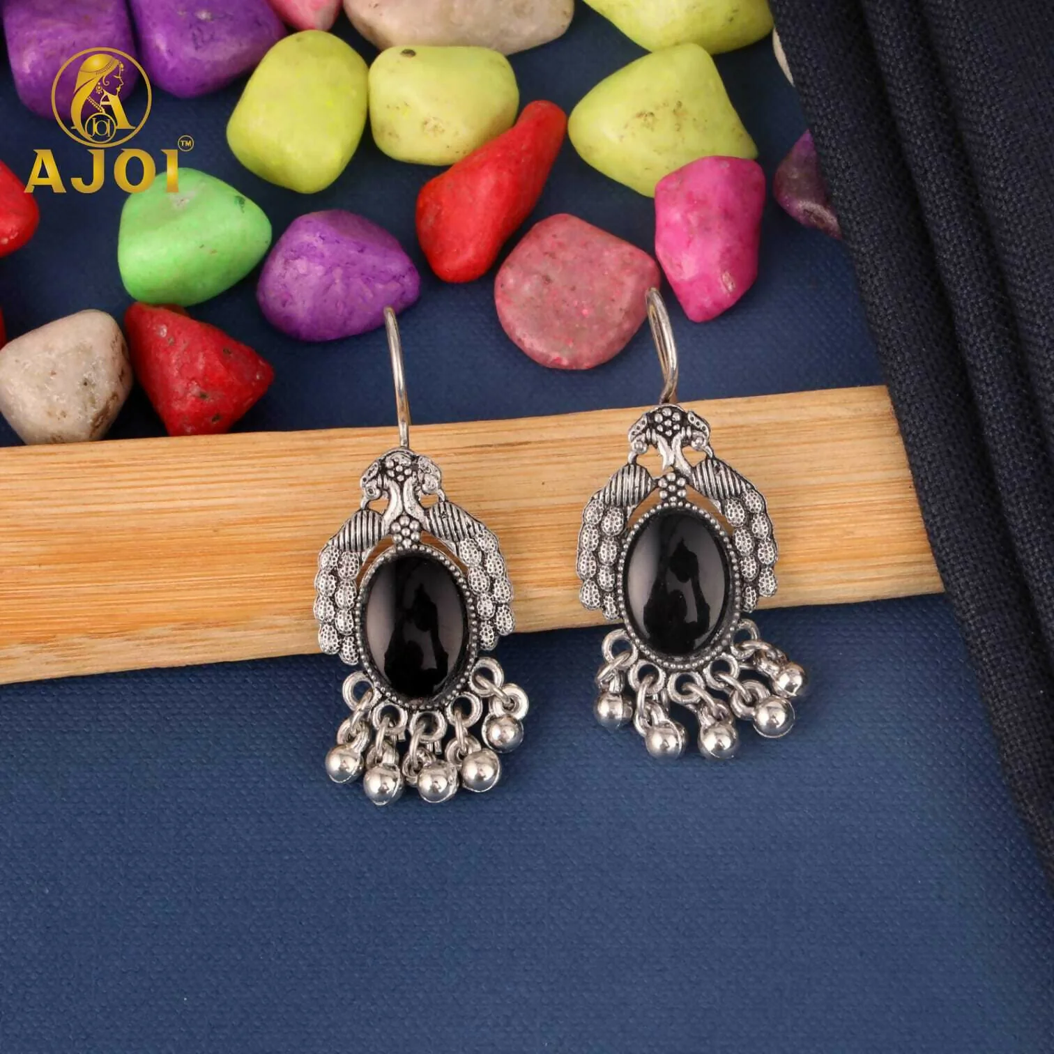 Oxidised Silver Afghani Earrings Set – 4 Pairs with Colored Stones - Image 3
