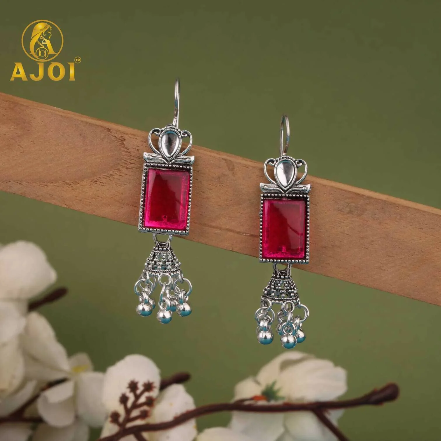 Oxidised Silver Afghani Earrings Set – 4 Pairs with Colored Stones - Image 4
