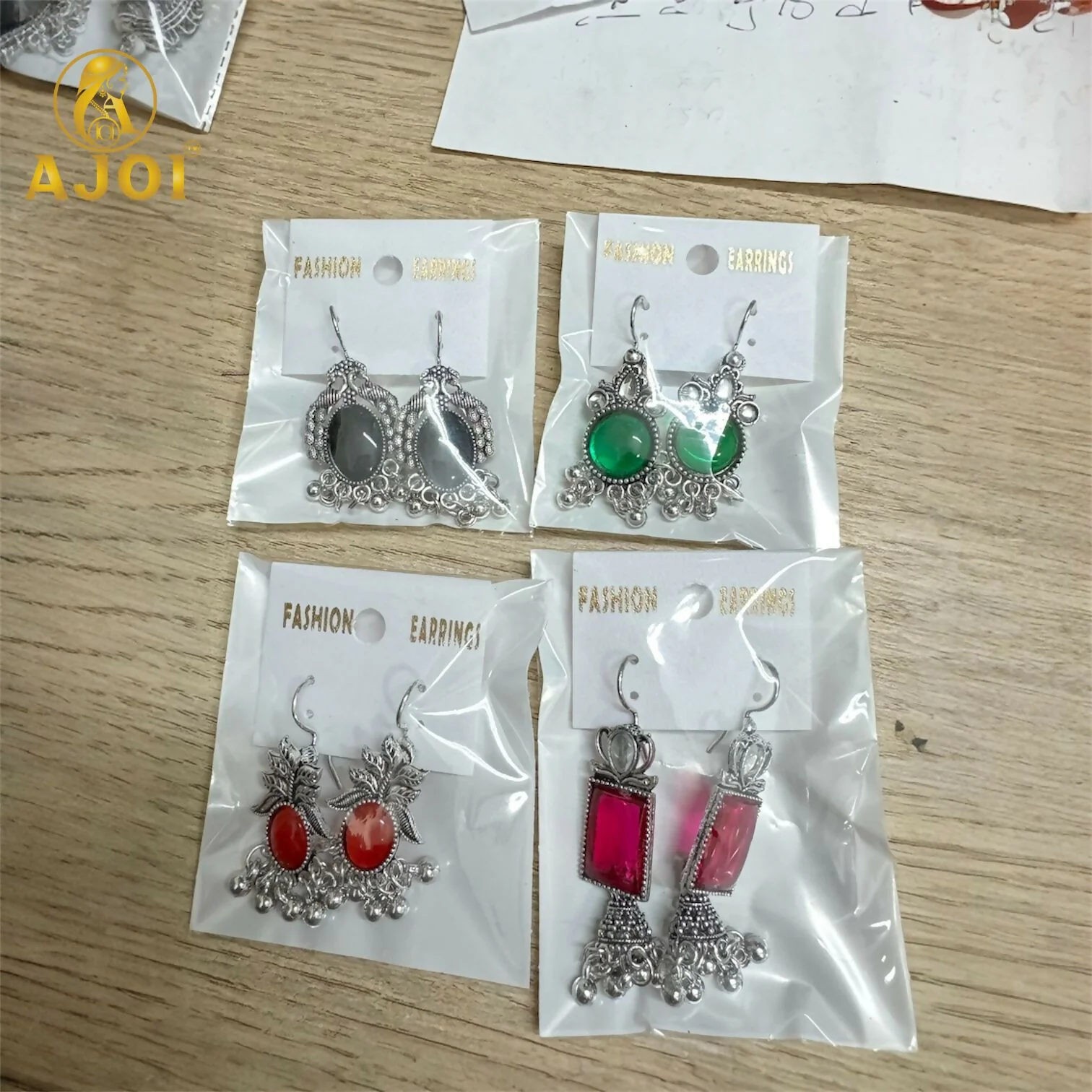 Oxidised Silver Afghani Earrings Set – 4 Pairs with Colored Stones - Image 5