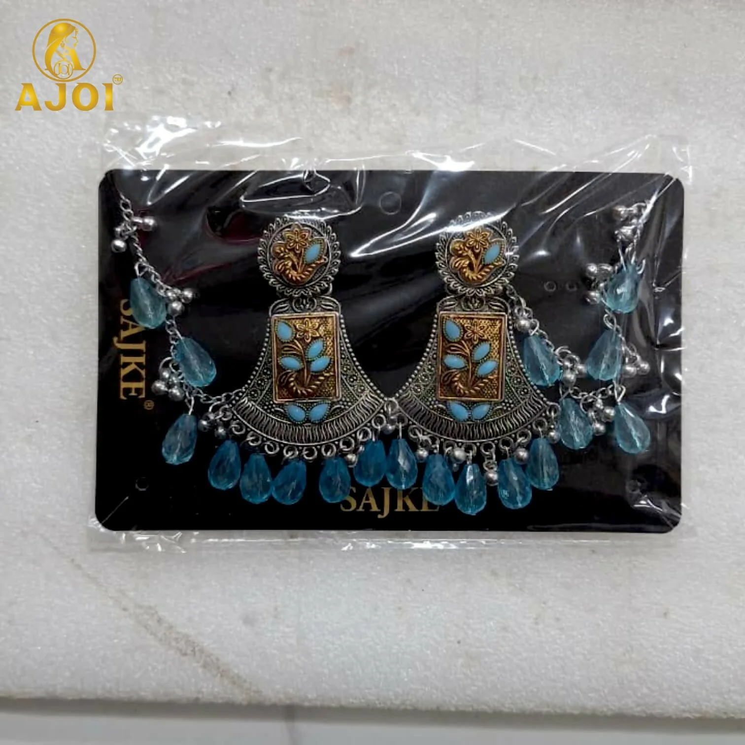 Oxidised Floral Chandbali Earrings – Elegant Sky Blue Crystals - Image 6