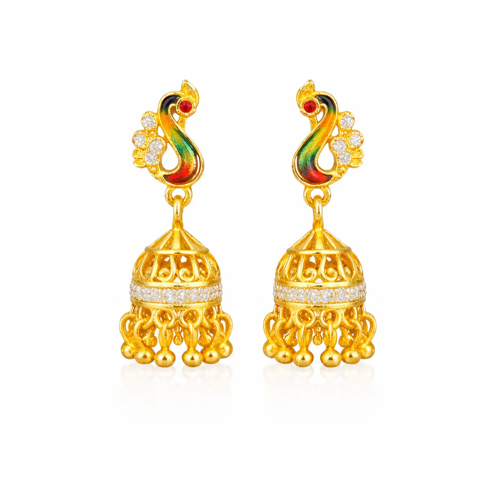 Antique Peacock Pattern Ethnic Earrings – Intricate Gold Jhumka Design - Image 3