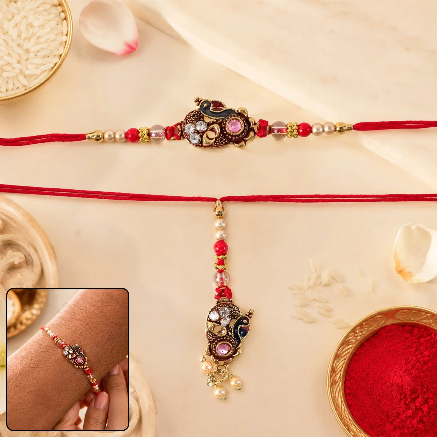 Lumba Rakhi for Bhabhi – Antique Peacock Design and Stone Embellishments