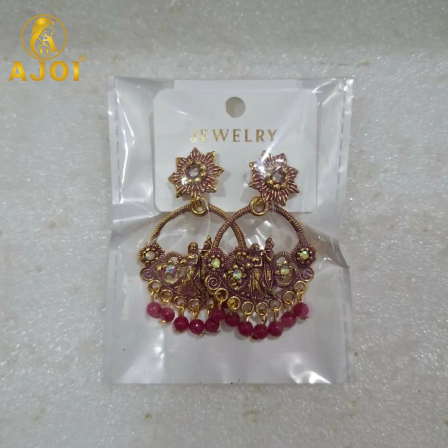 Ethnic Earrings – Antique Pink Radha Krishna Beaded Chandbali for Women - Image 5