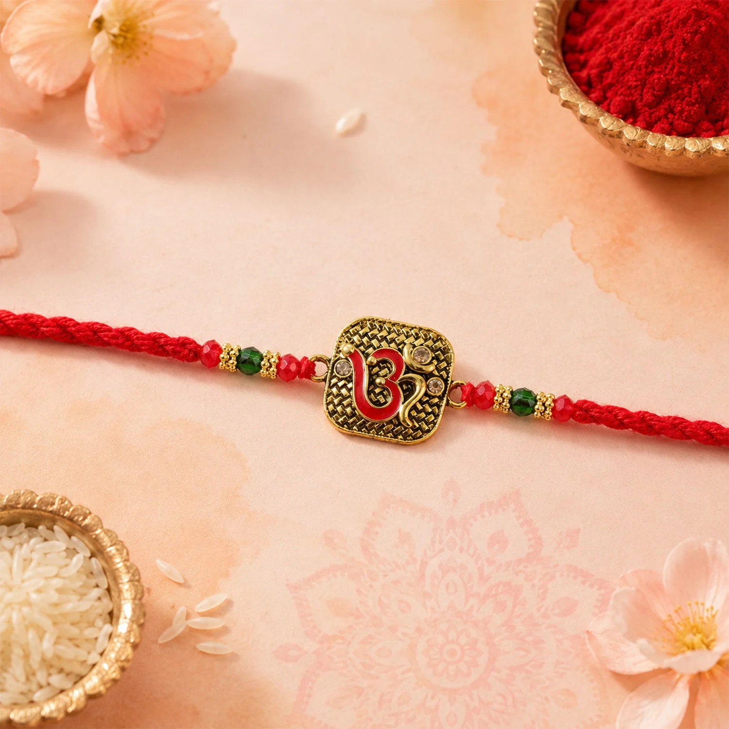 Antique Red Om Square Pendant Rakhi – Traditional Festive Design - Image 3