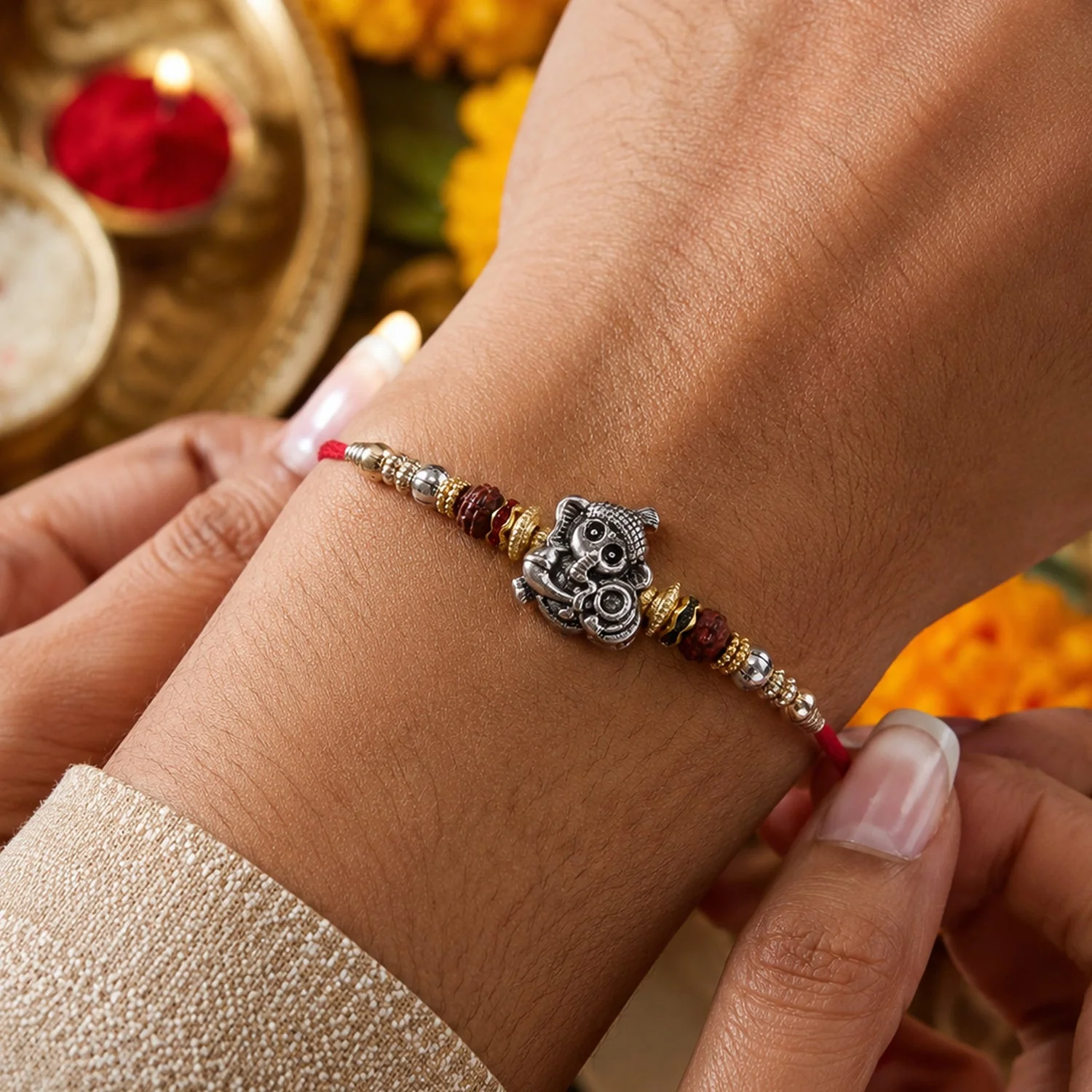 Antique Silver Baby Ganesha Rakhi – Elegant Traditional Festive Accessory - Image 2