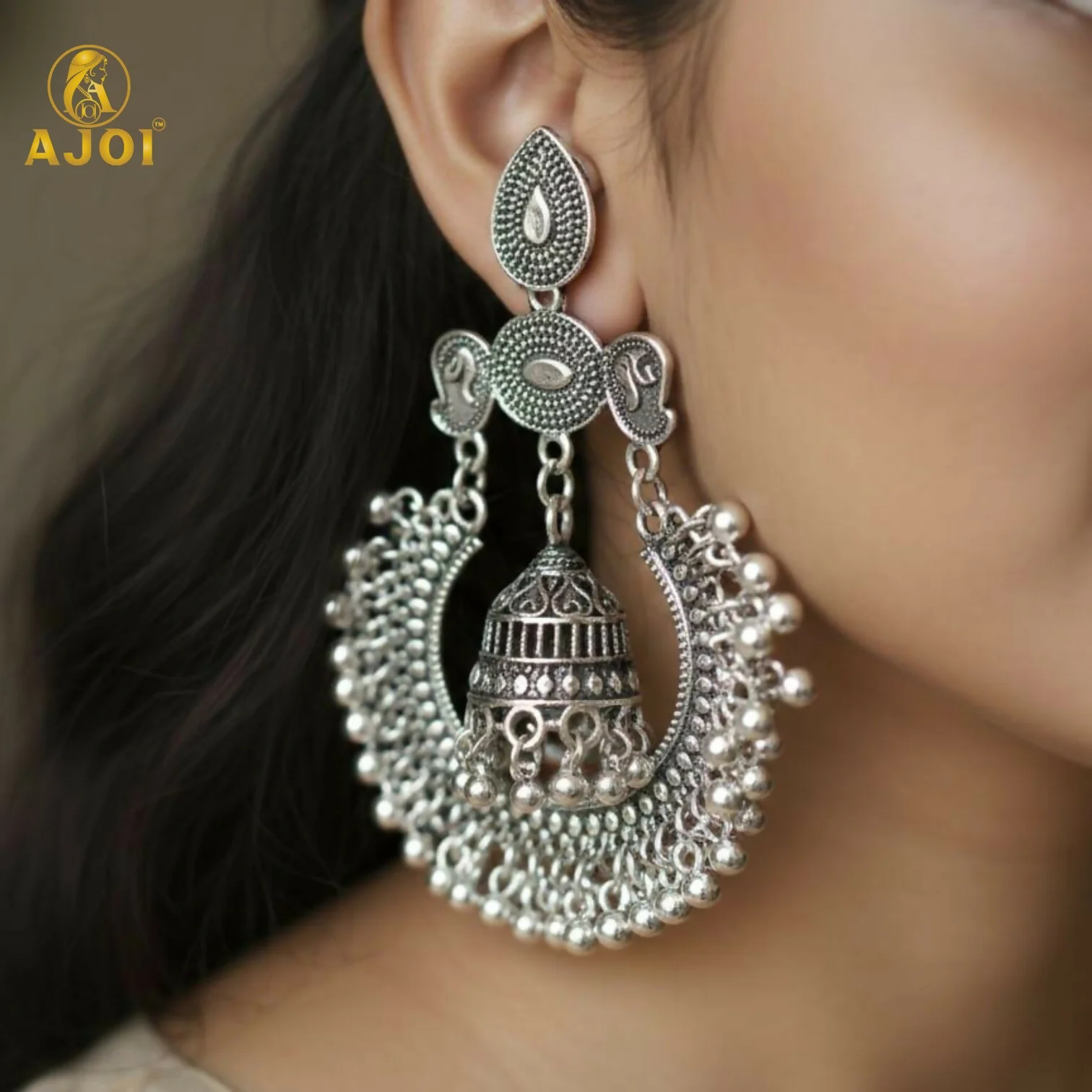 Oxidized Silver Chandbali Jhumka Earrings – Bold Ethnic Statement - Image 2