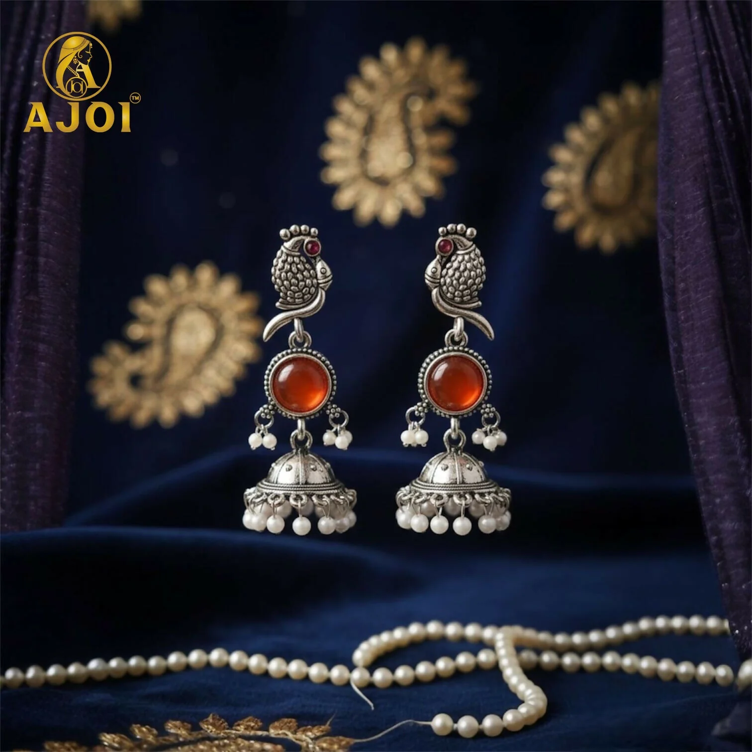 Antique Silver Peacock Jhumka Earrings – Red Stone & Pearl Drops - Image 2