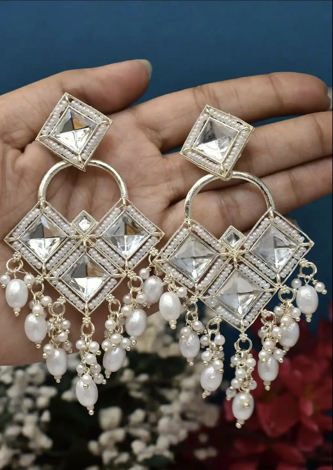 Antique Silver-Toned Kundan Chandbali Jhumka Earrings – Elegant Floral Design - Image 4