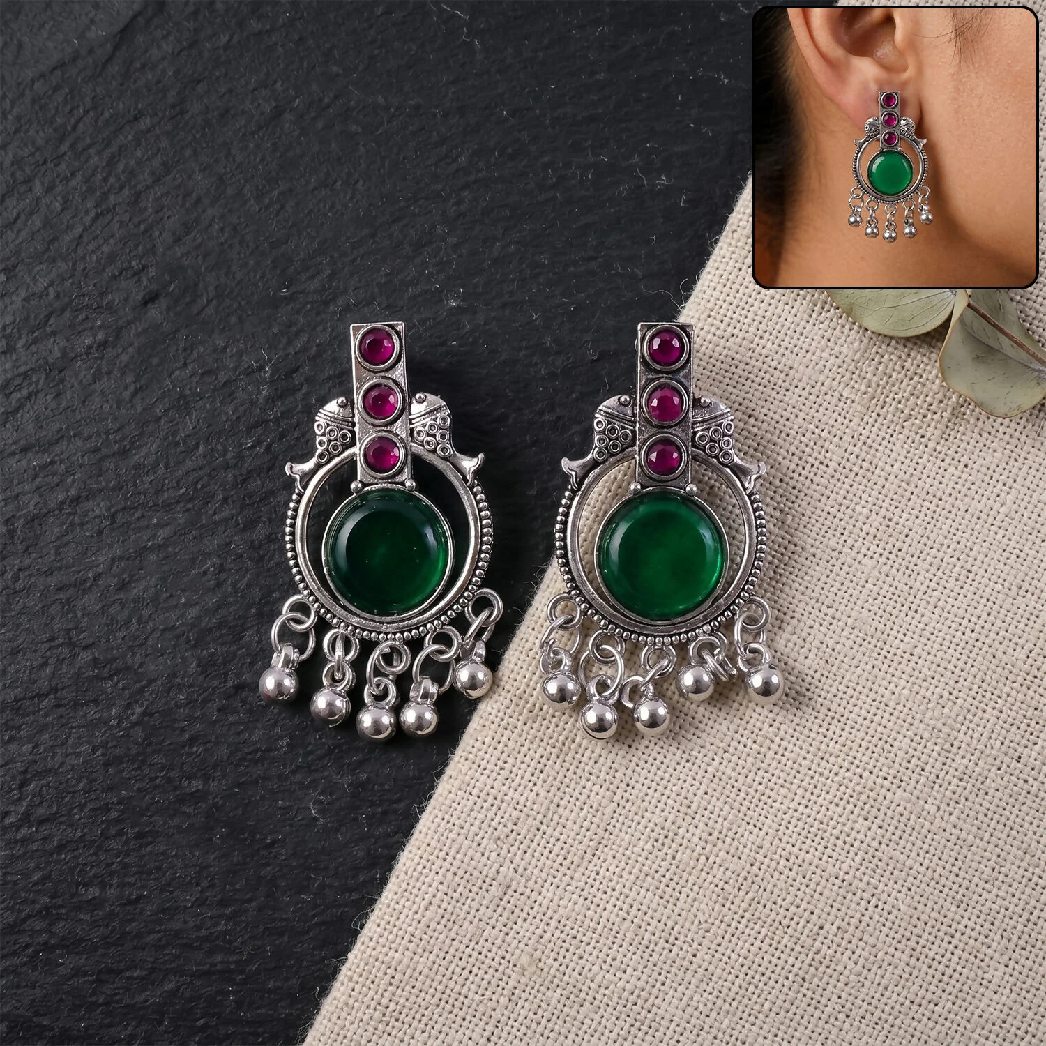 Antique Silver Earrings – Elegant Festive Accessory with Green & Pink Stones