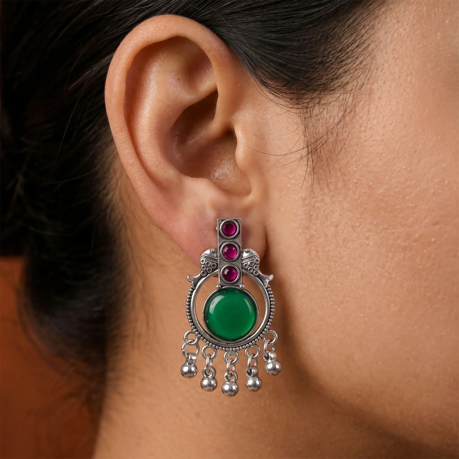 Antique Silver Earrings – Elegant Festive Accessory with Green & Pink Stones - Image 2