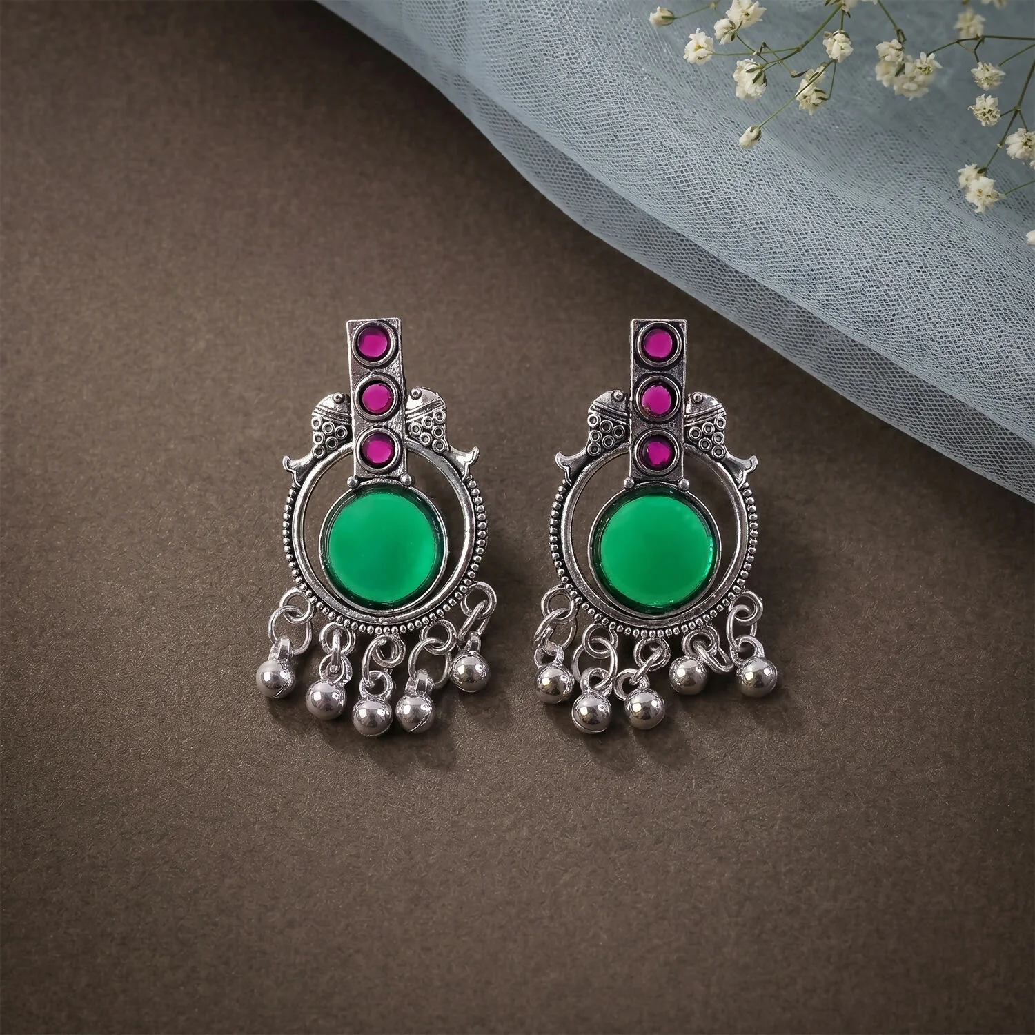 Antique Silver Earrings – Elegant Festive Accessory with Green & Pink Stones - Image 4