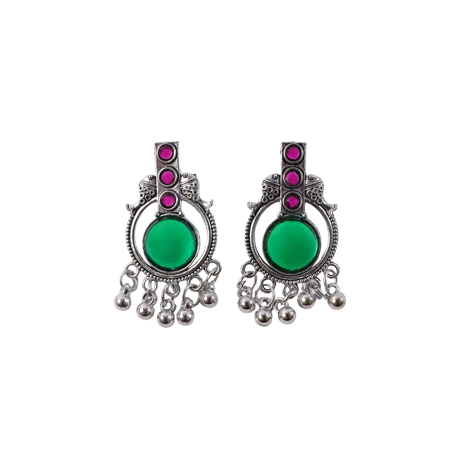 Antique Silver Earrings – Elegant Festive Accessory with Green & Pink Stones - Image 6