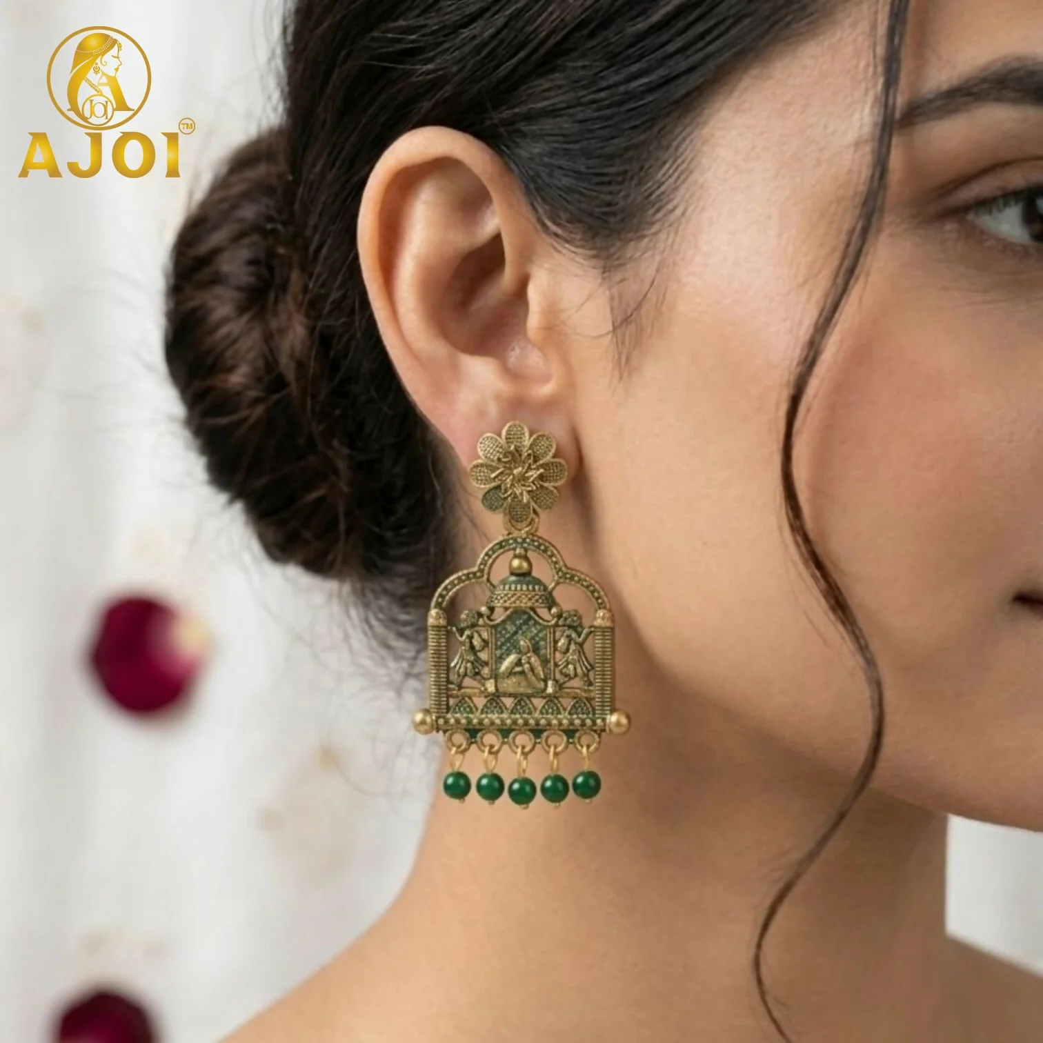 Antique Temple Doli Earrings – Traditional Green Bead Drops for Festive Looks - Image 2