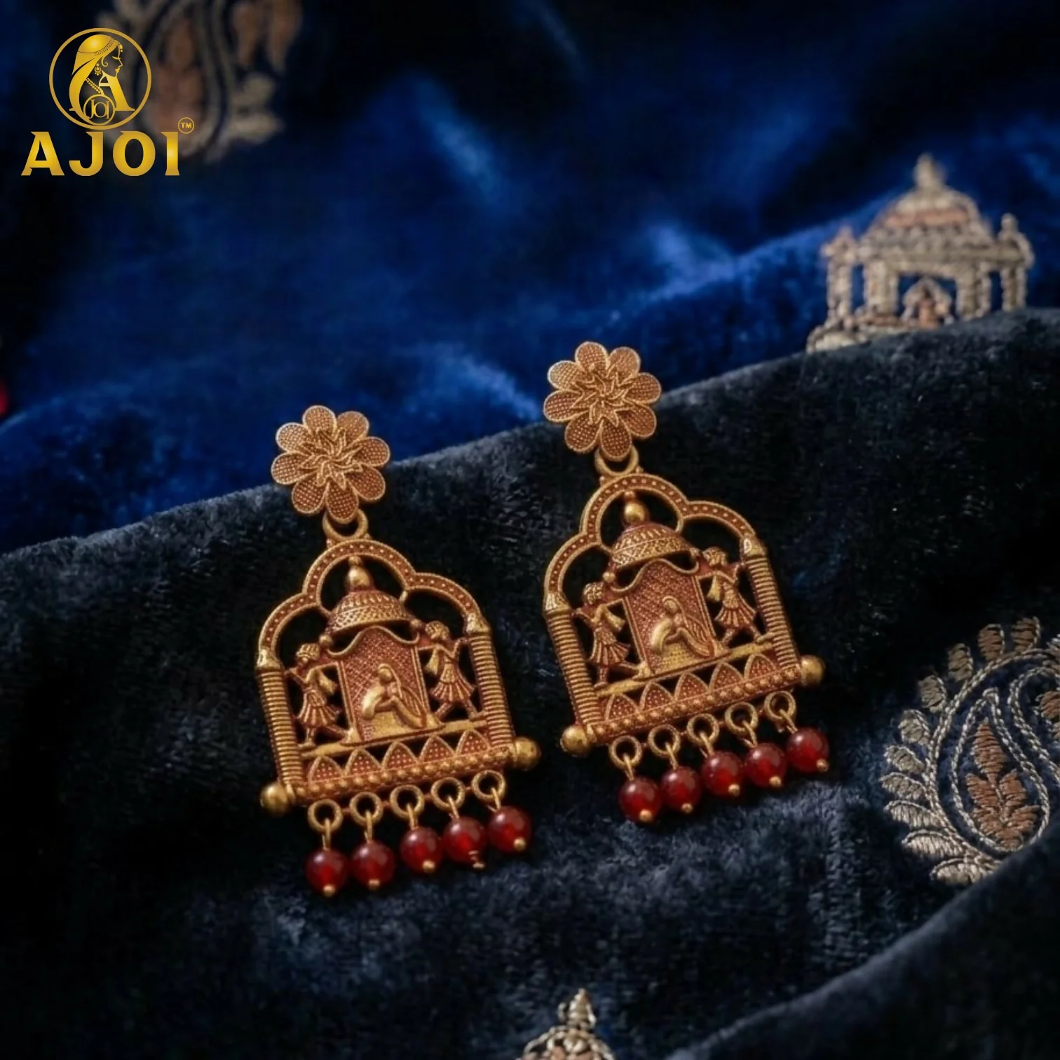 Antique Temple Doli Earrings – Red Bead Drop Ethnic Festive Jewellery - Image 3